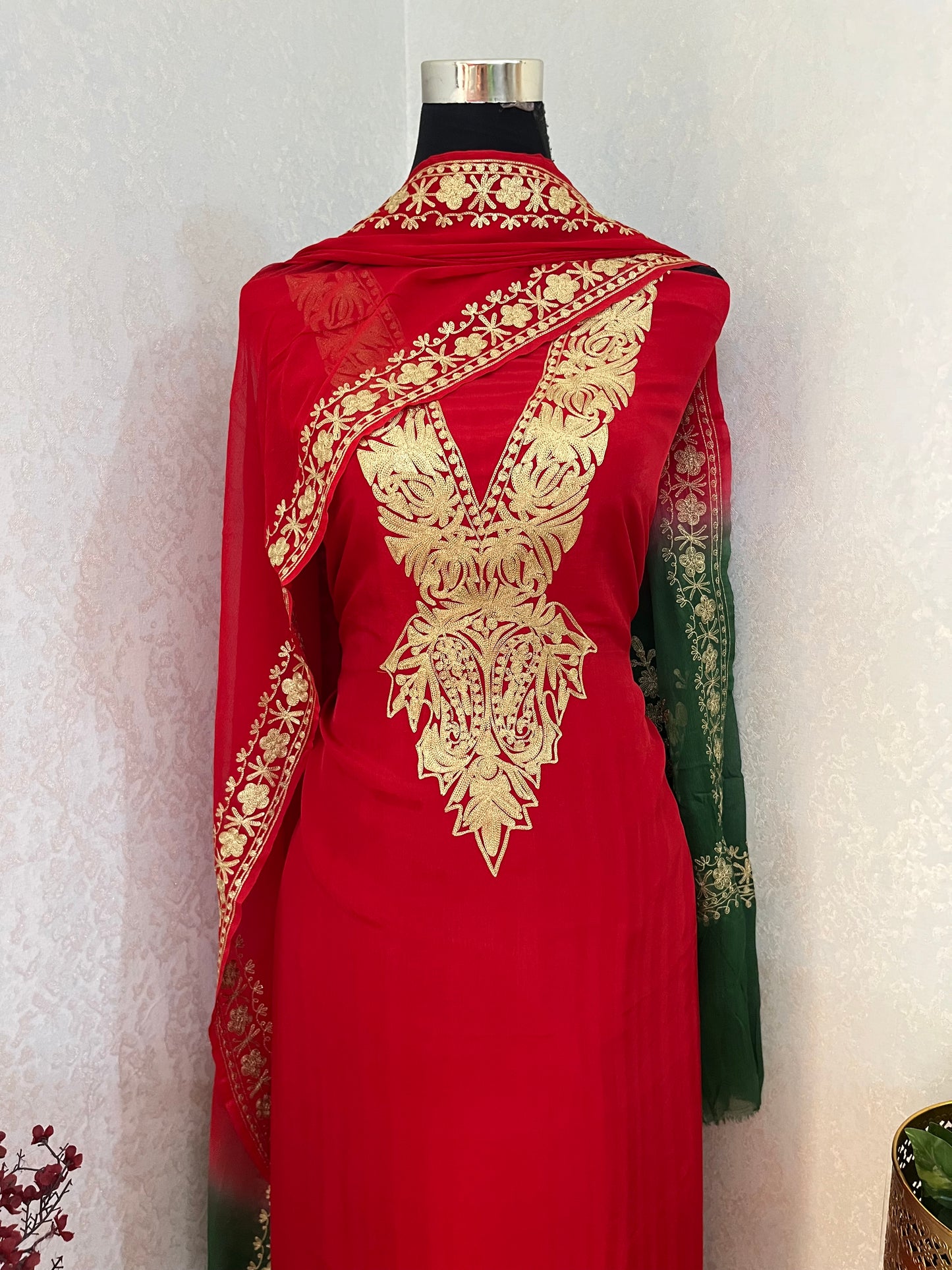 Sanam Red Silk Kashmiri Suit