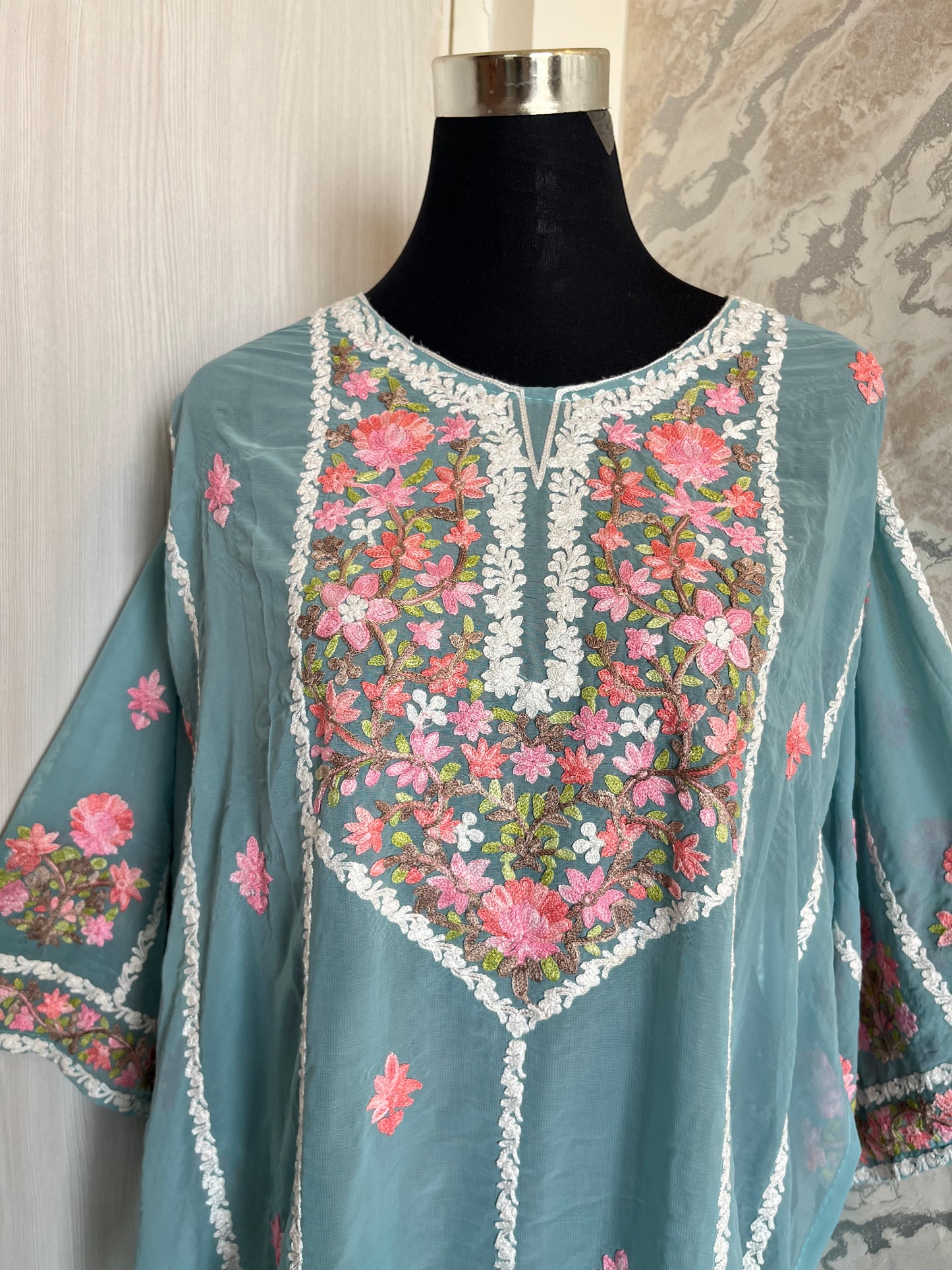 Sea Blue Georgette All over Work Aari Embroidered Unstitched Kurta Material