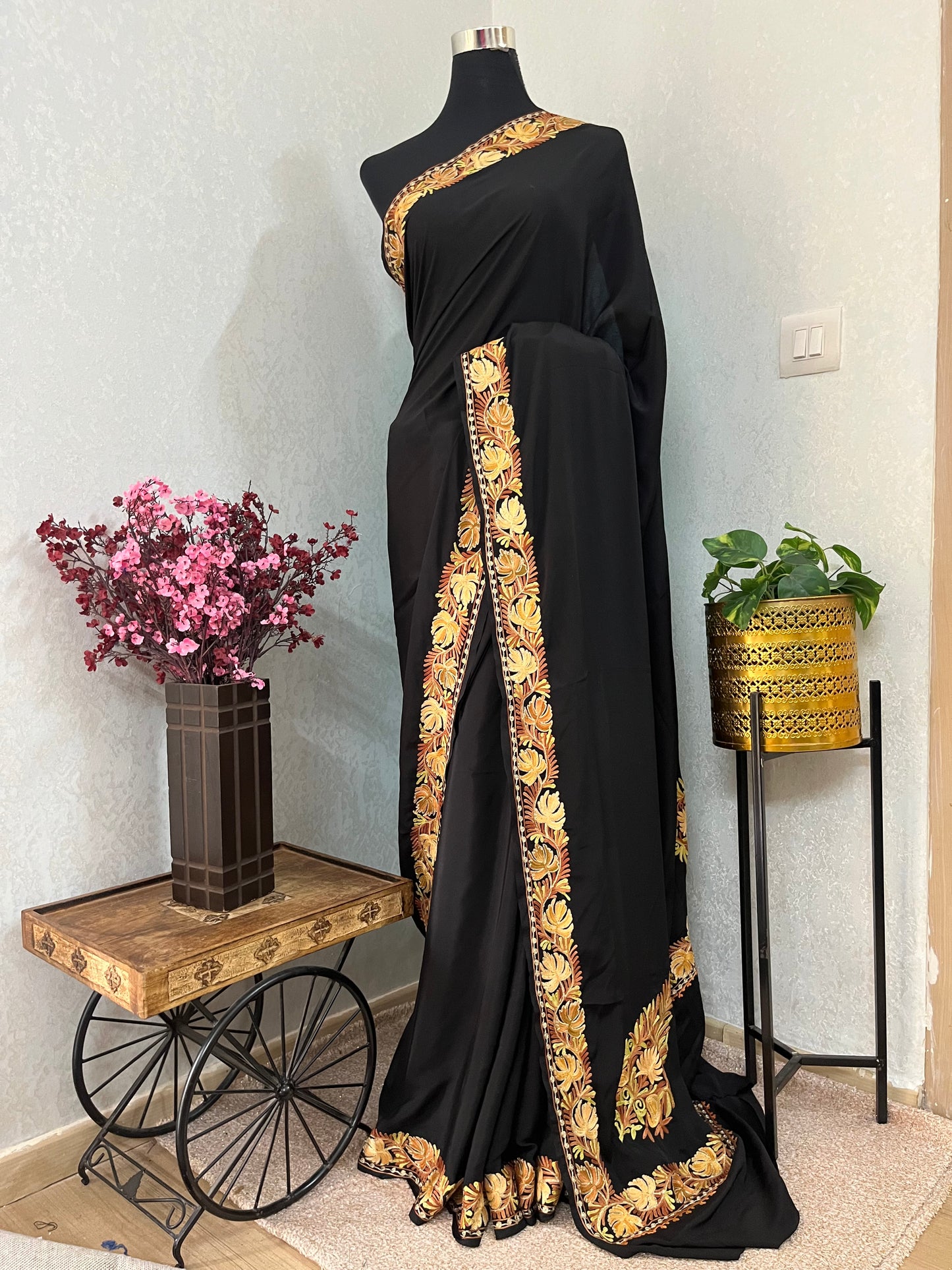 Black Crape Kashmiri Saree with Tilla Outline