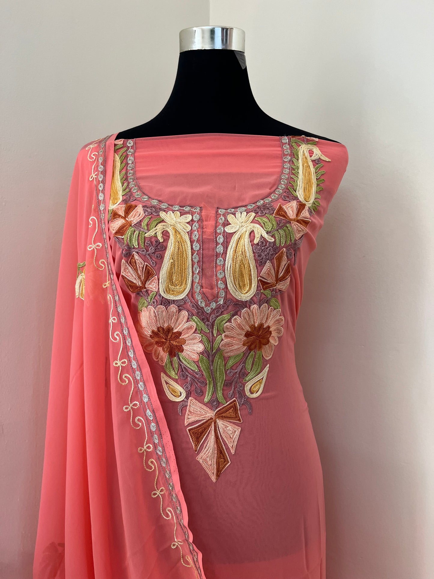 Peach Georgette Shirt and Dupatta Aari Embroidered Suit