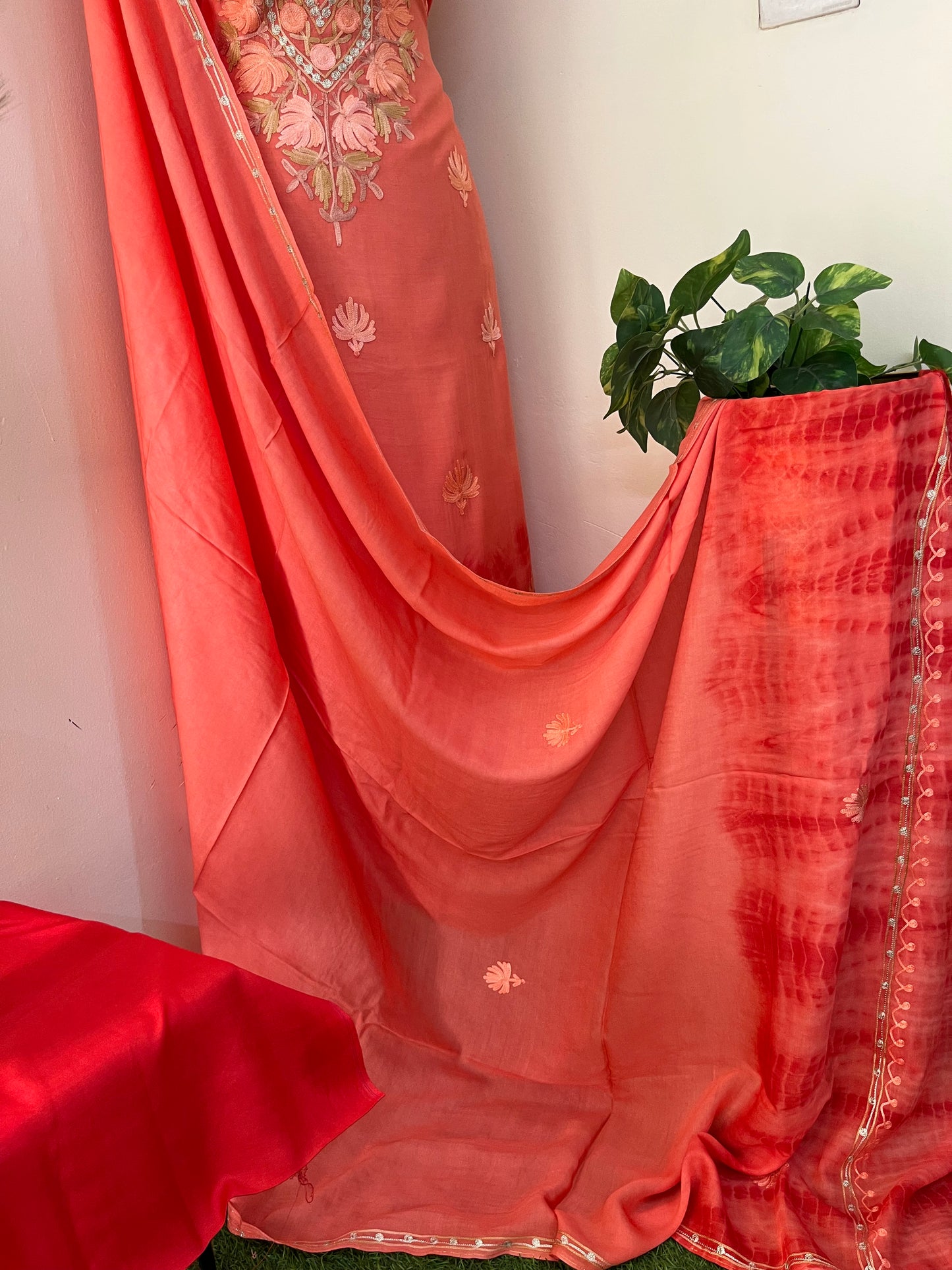 Orange Mul Cotton Shibori Work Kashmiri 3pc Suit