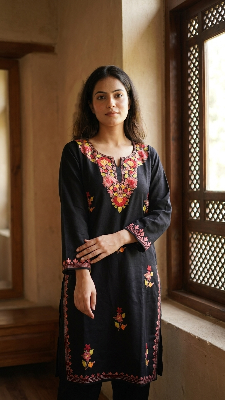 Black Woollen Kashmiri Co-Ord Set ( Size 36)