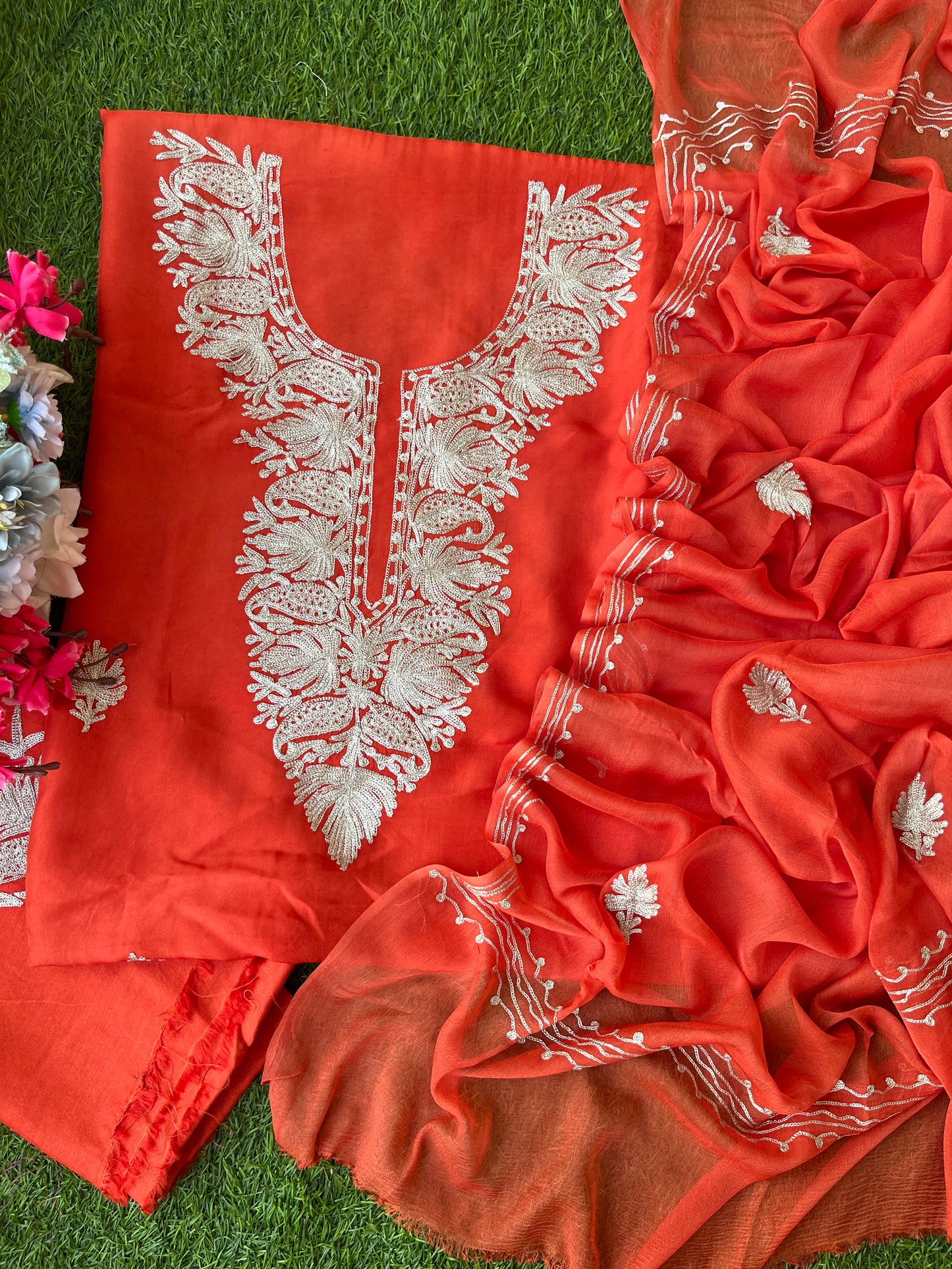 Soft Rust Silk Tilla Kashmiri Suit