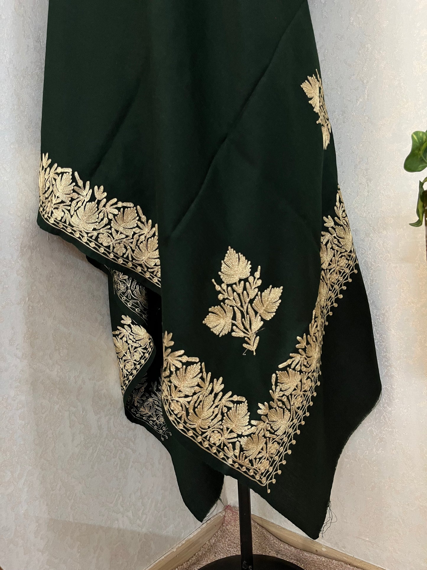 Bottle Green Semi Pashmina Tilla Embroidered stole