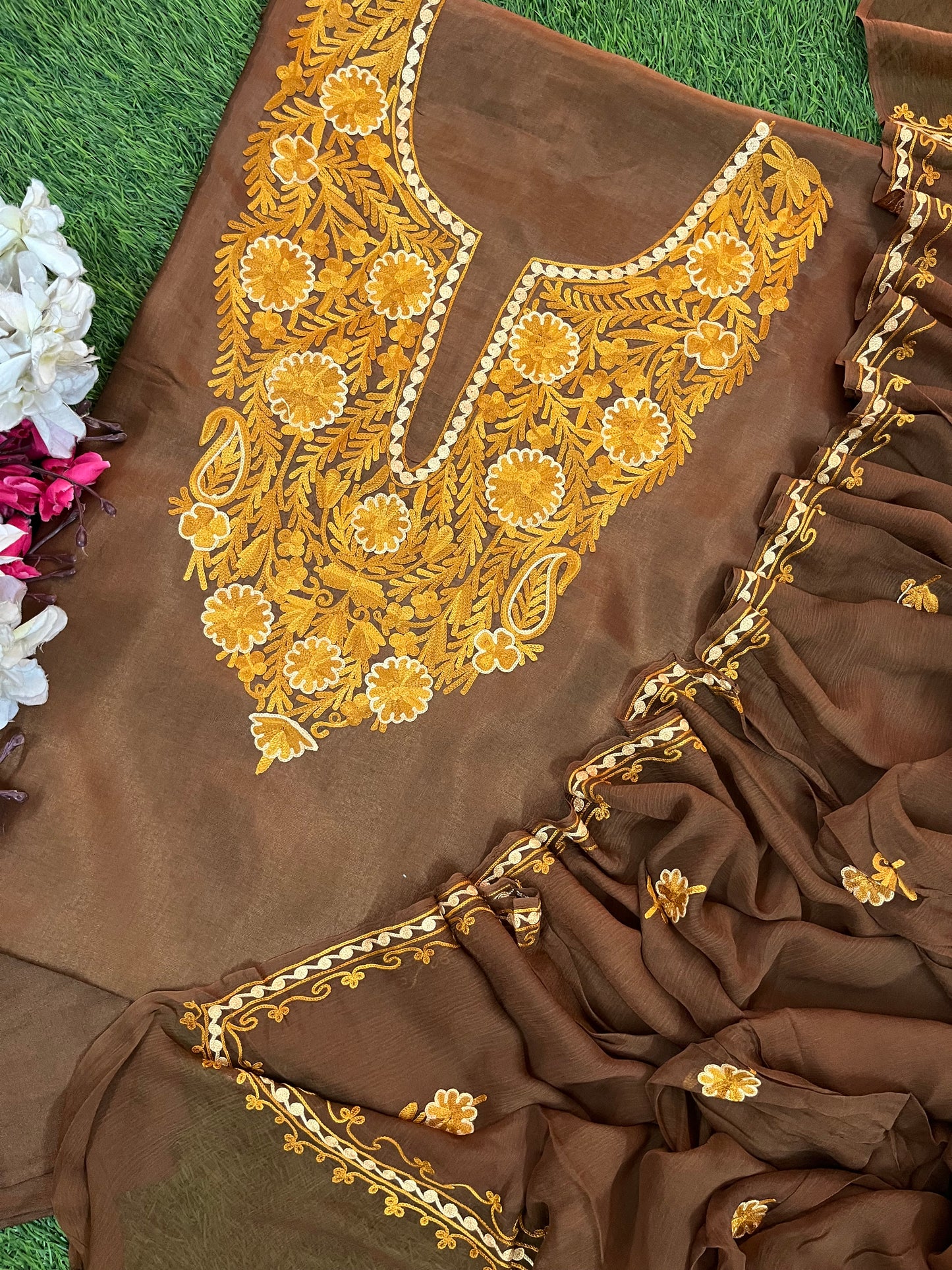 Soft Brown Opada Silk Kashmiri Suit
