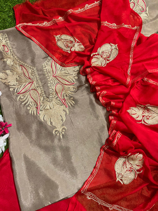 Golden Beige Silk Aari Tilla Fusion Suit