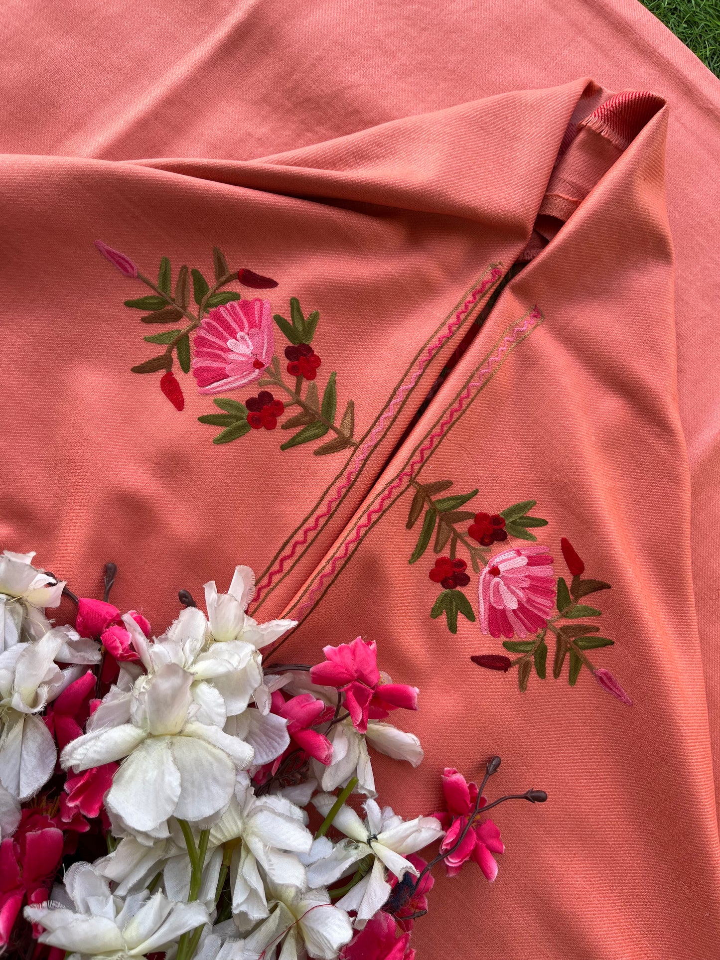 Soft Pink Woollen Aari Embroidered 2pc suit 5mtr