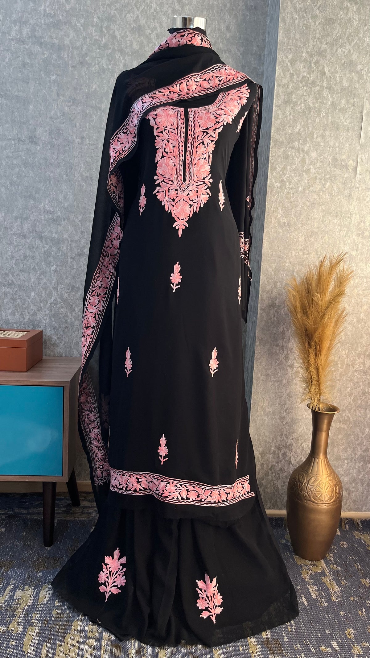 Georgette Black 3 Pc Kashmiri Suit