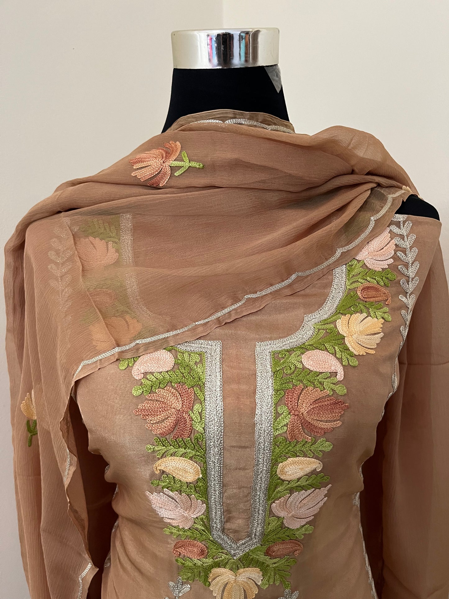 Sanam’ Coffee Brown Silk Aari Embroidered Suit material