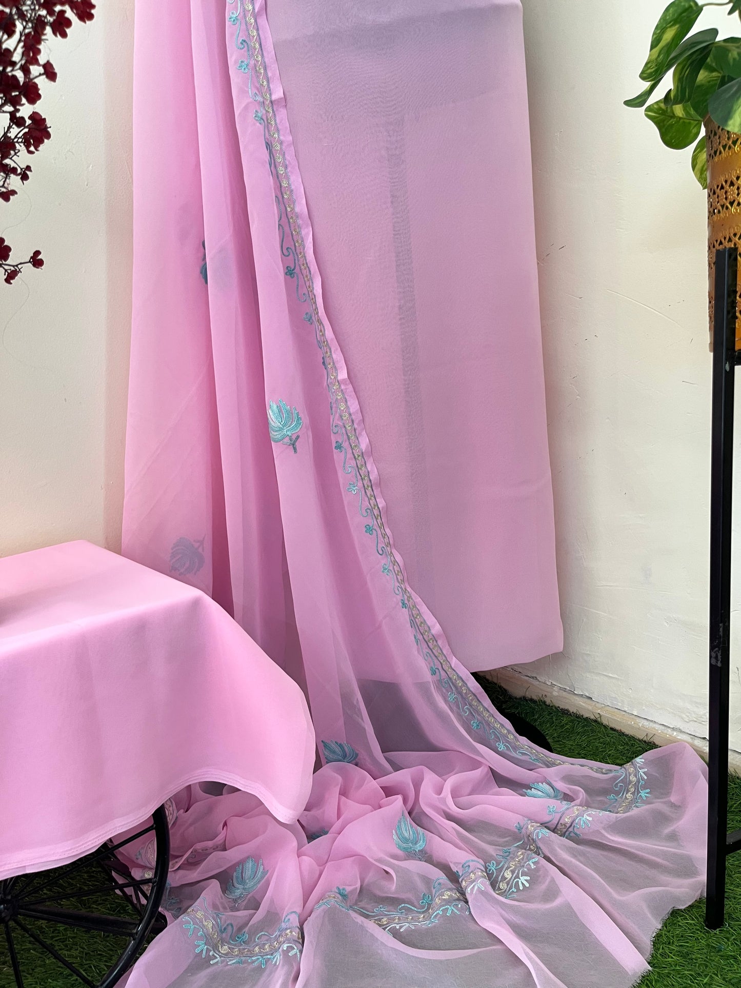Soft Pink Georgette 3 Pc Aari Embroidered Suit Set