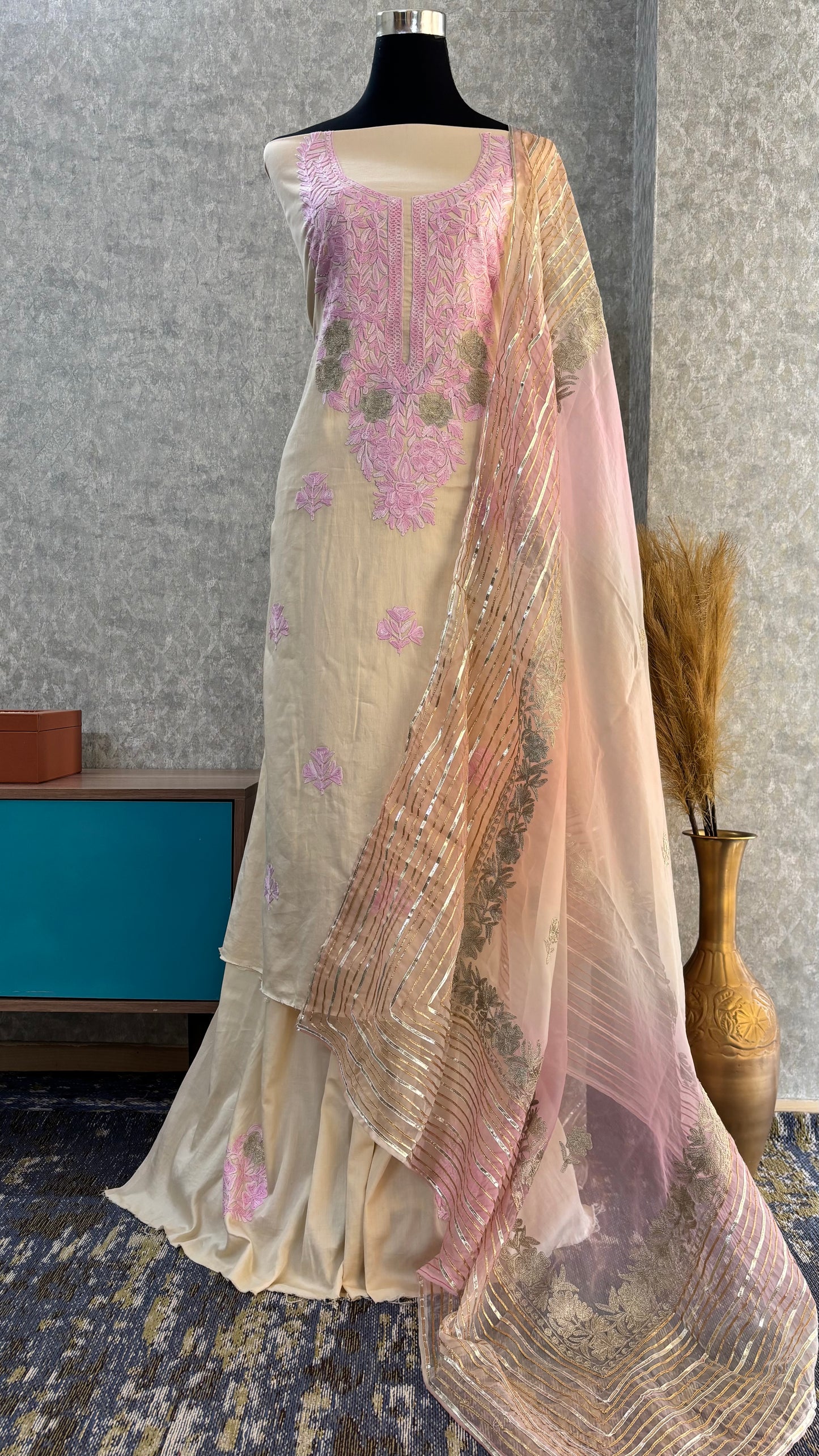 Ivory Satin Cotton Kashmiri Suit