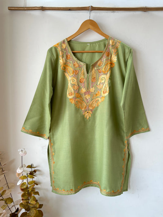 Green Cotton Aari Work Kurta