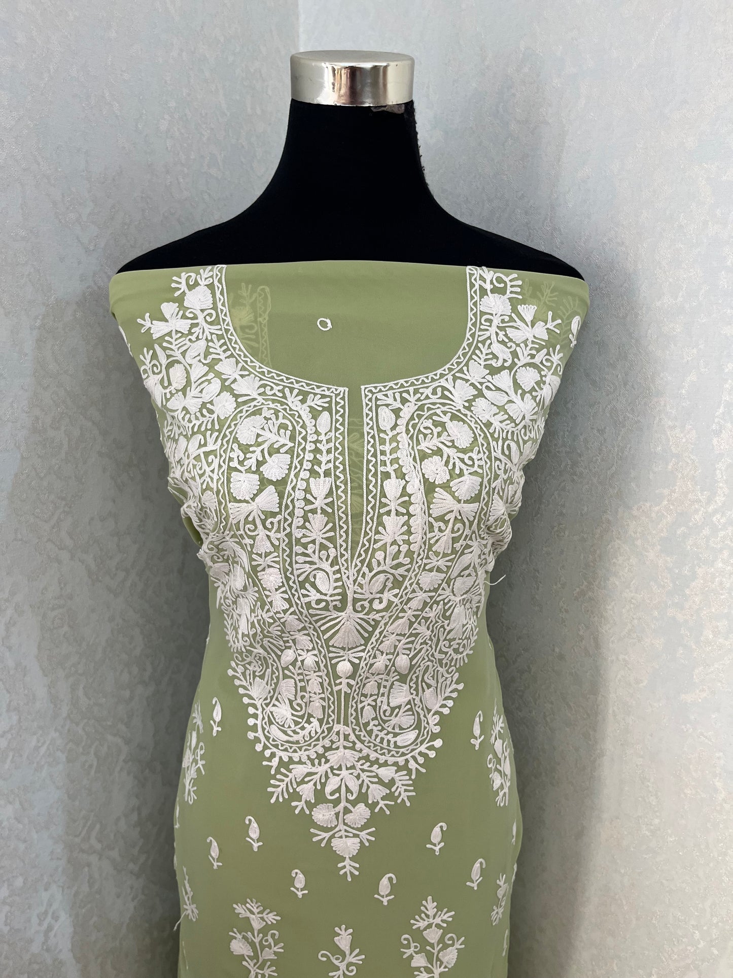 Pista Green Georgette Kashmiri Unstitched Kurta Material
