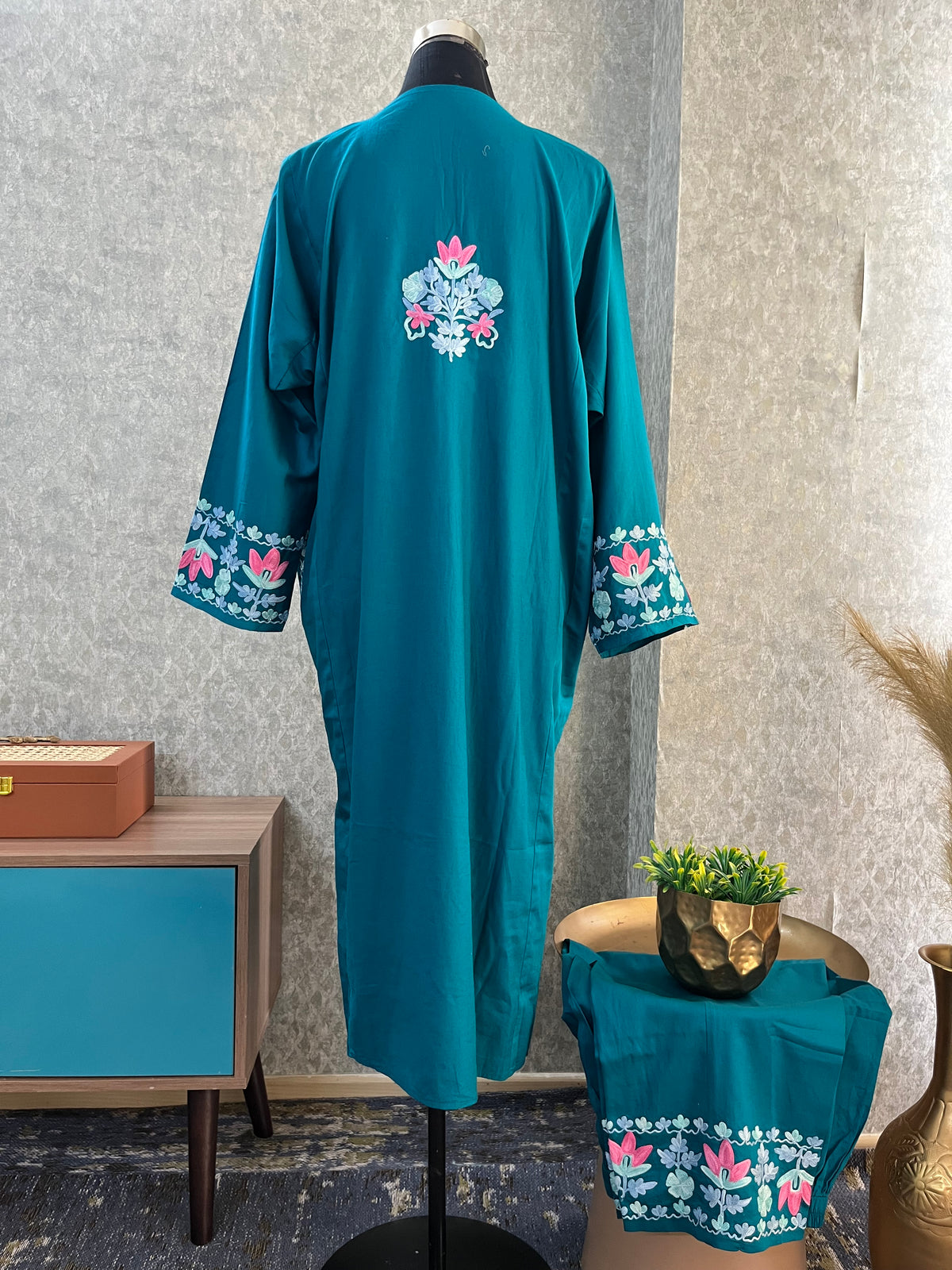 Blue Cotton Front Jaal Pheran Set  Size(44)