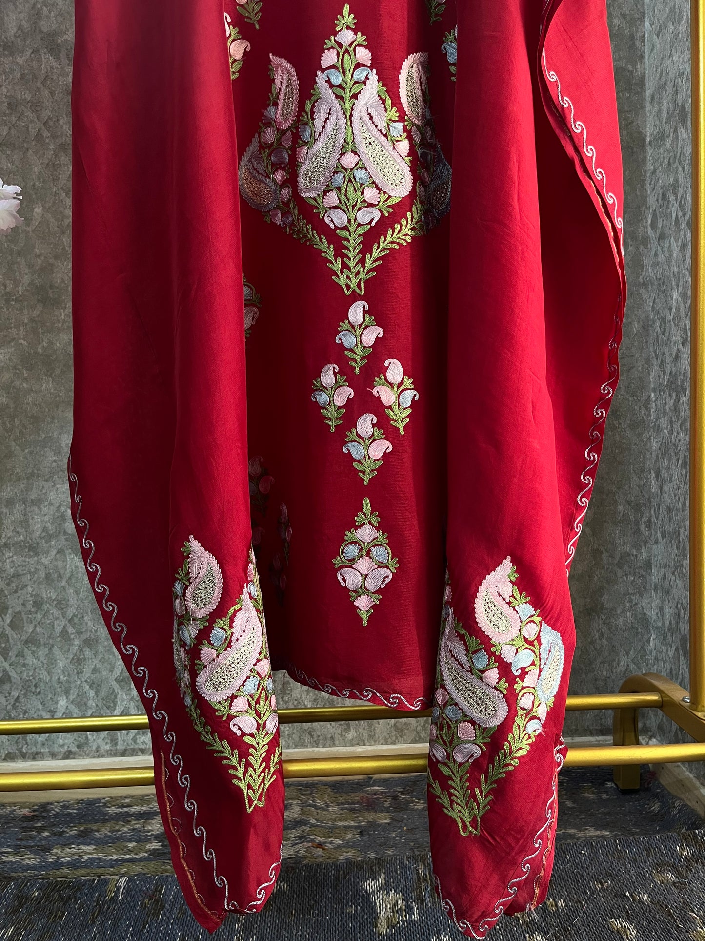 Maroon Opada Silk Kashmiri Kaftan Set