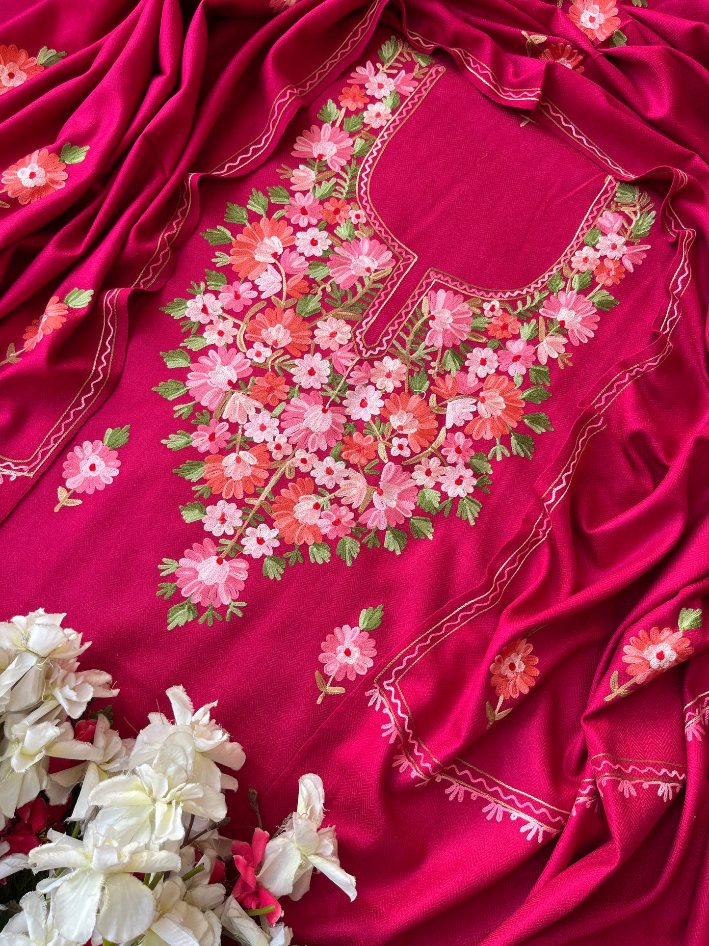Hot  pink Woollen Aari Embroidered 3pc suit