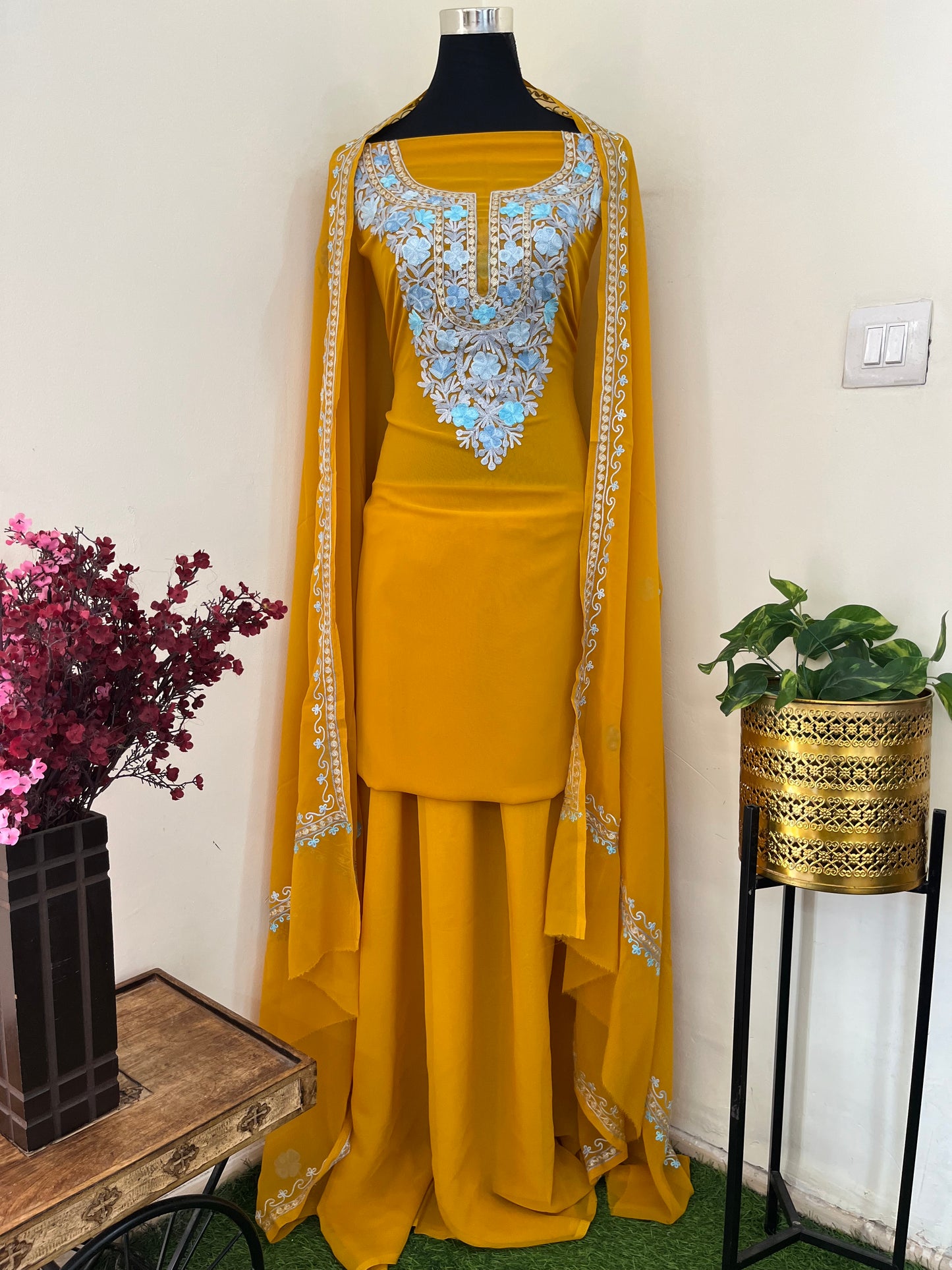 Mustard Georgette 3 Pc Aari Embroidered Suit Set