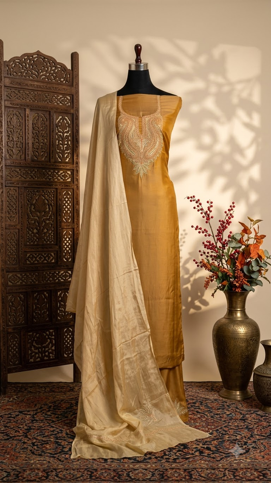 Golden Silk Puff Tilla Embroidered Suit