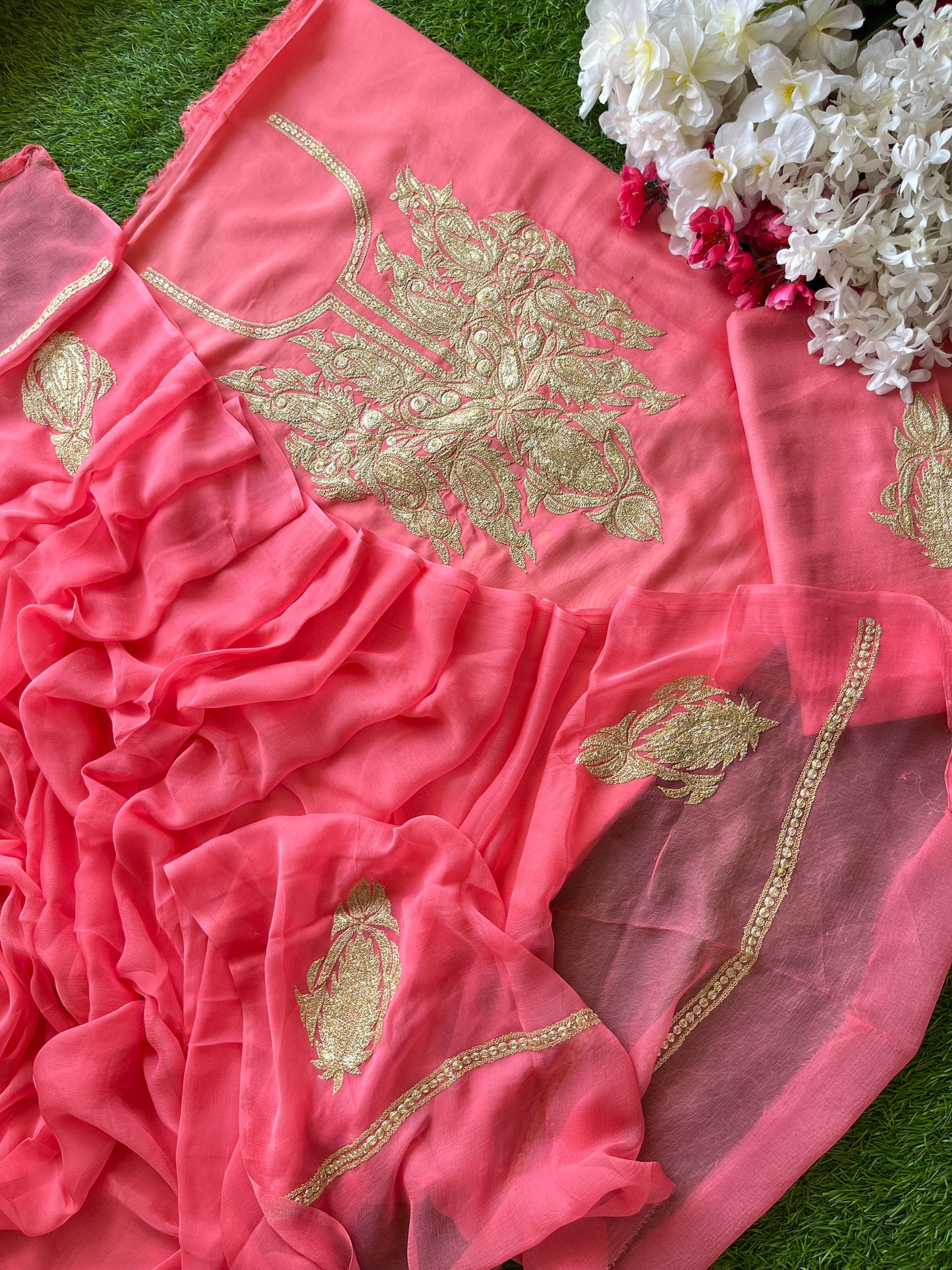 ‘Kalaa’ Peach Muslin Silk Tilla Embroidered Suit material