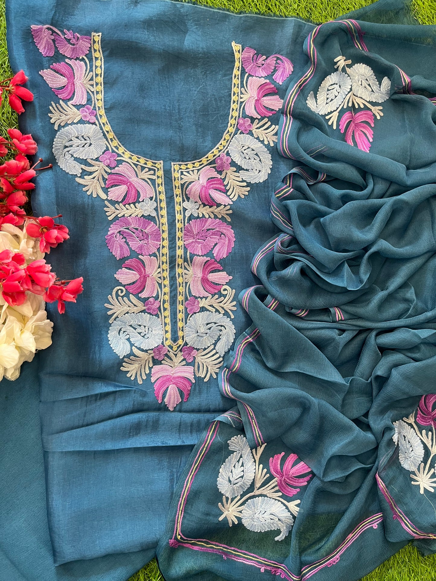 Blue Opada Silk Aari Embroidered Suit material