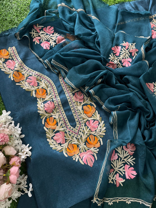 Deep Blue Opada Silk Kashmiri Suit