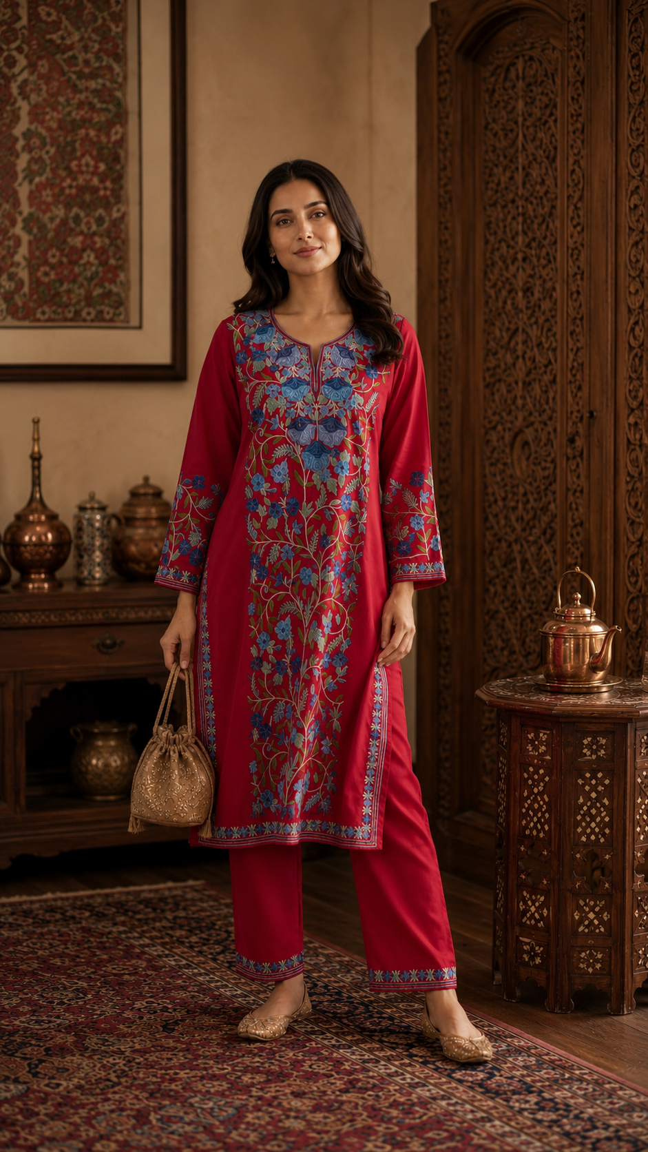 Red Cotton Front Jaal Pheran Set Size (44)