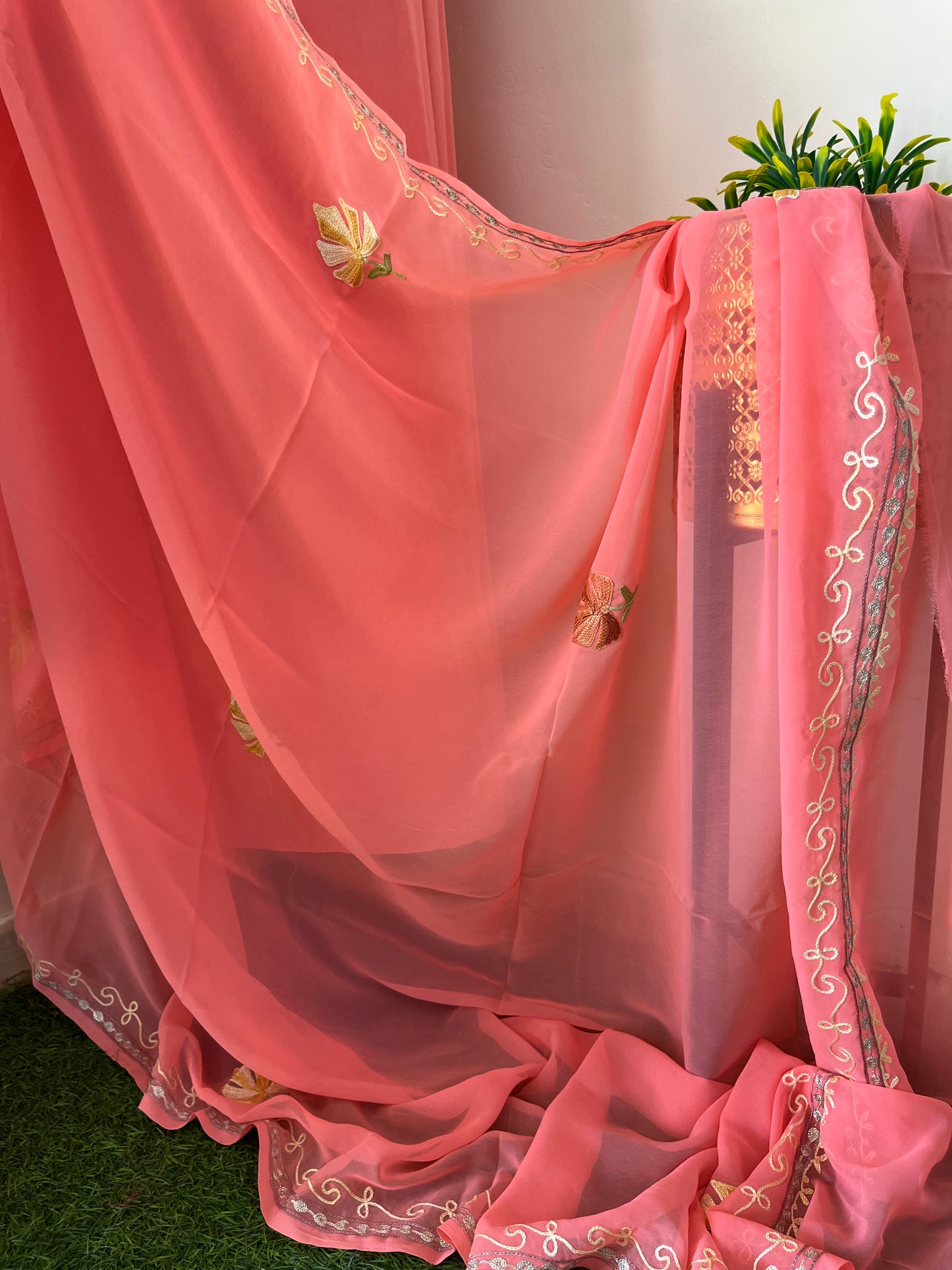 Peach Georgette Shirt and Dupatta Aari Embroidered Suit