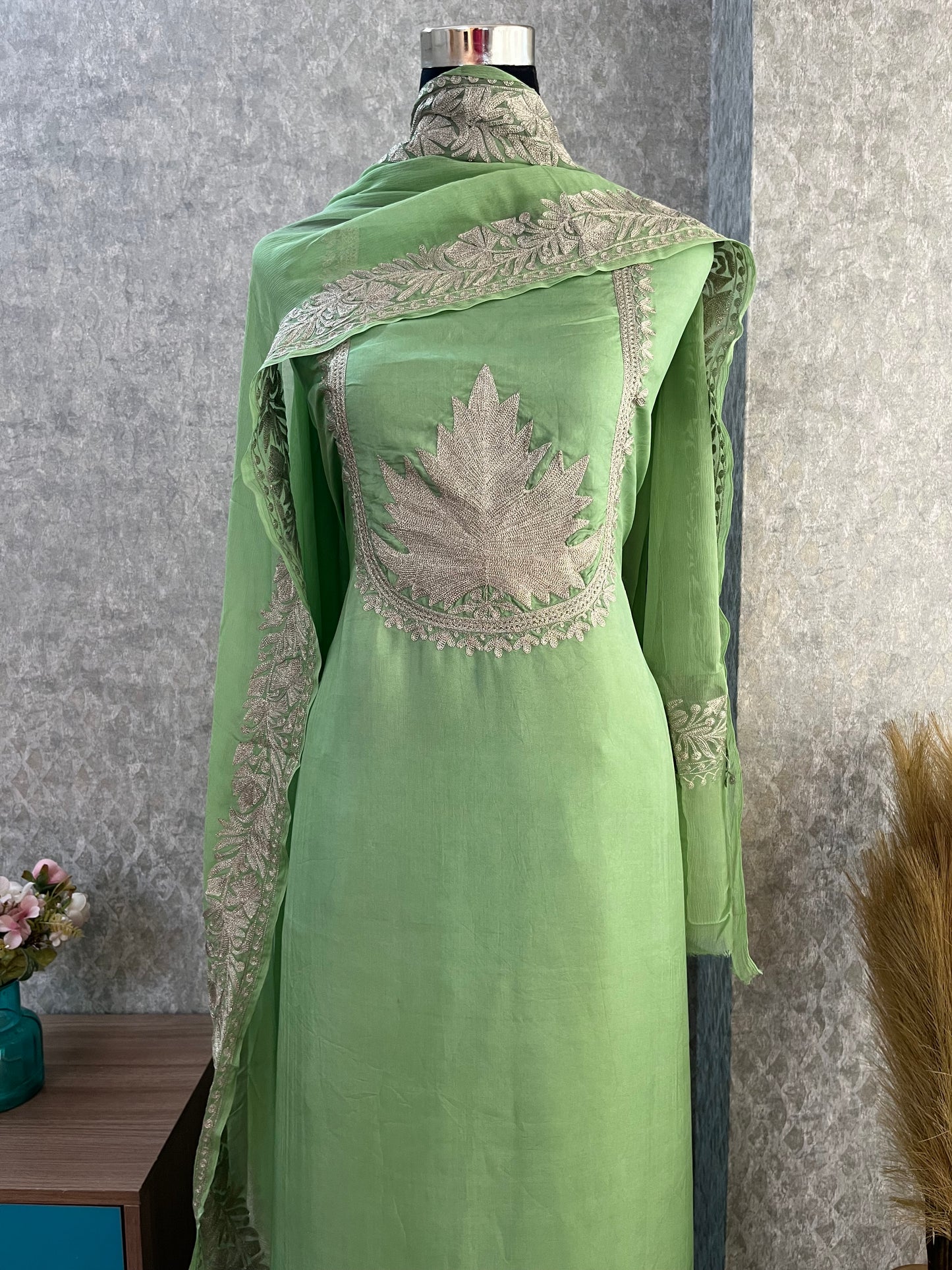 Soft Green Sanam’ Tilla Kashmiri Silk Suit