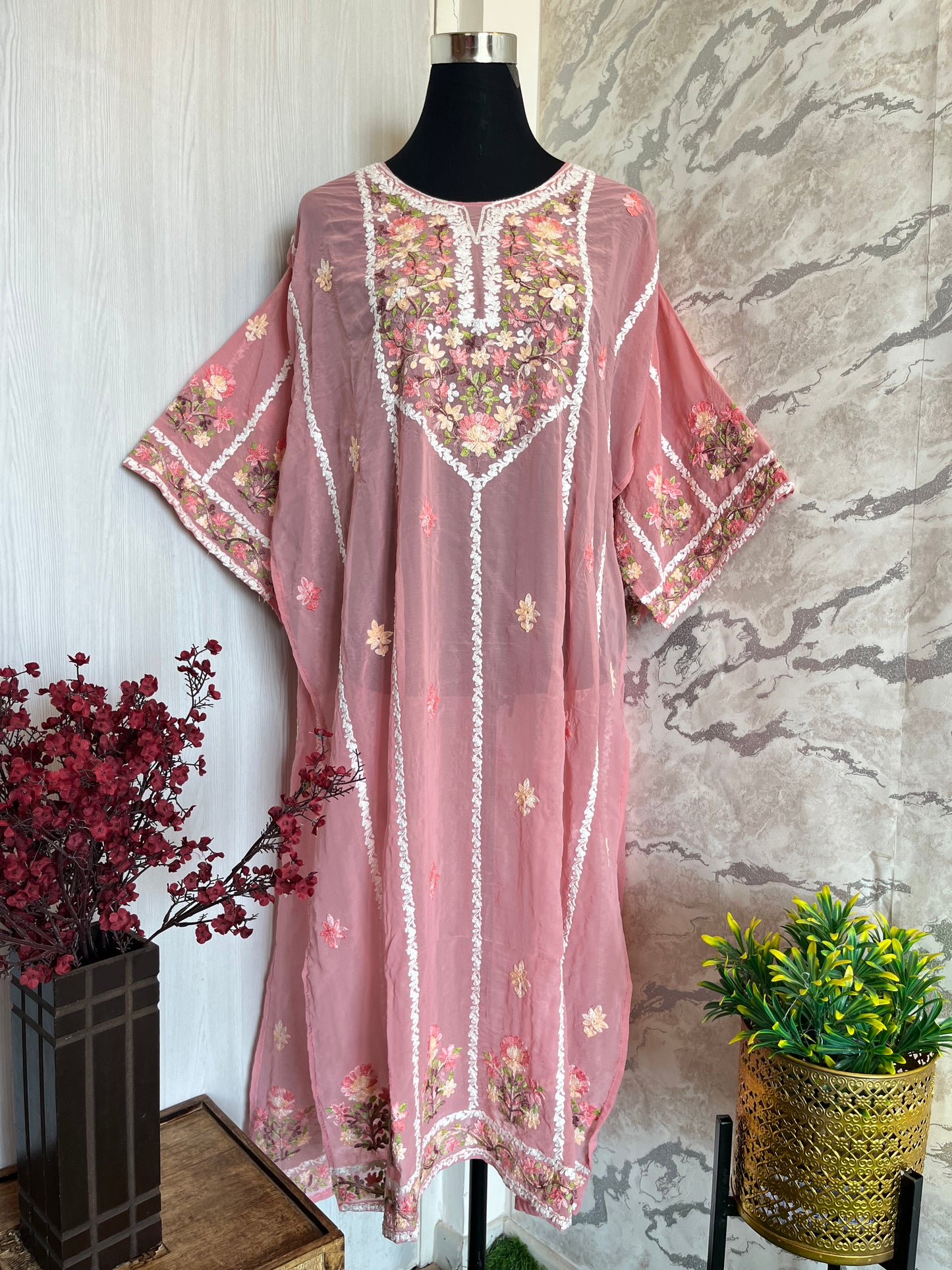 Pink Georgette All over Work Aari Embroidered Unstitched Kurta Material