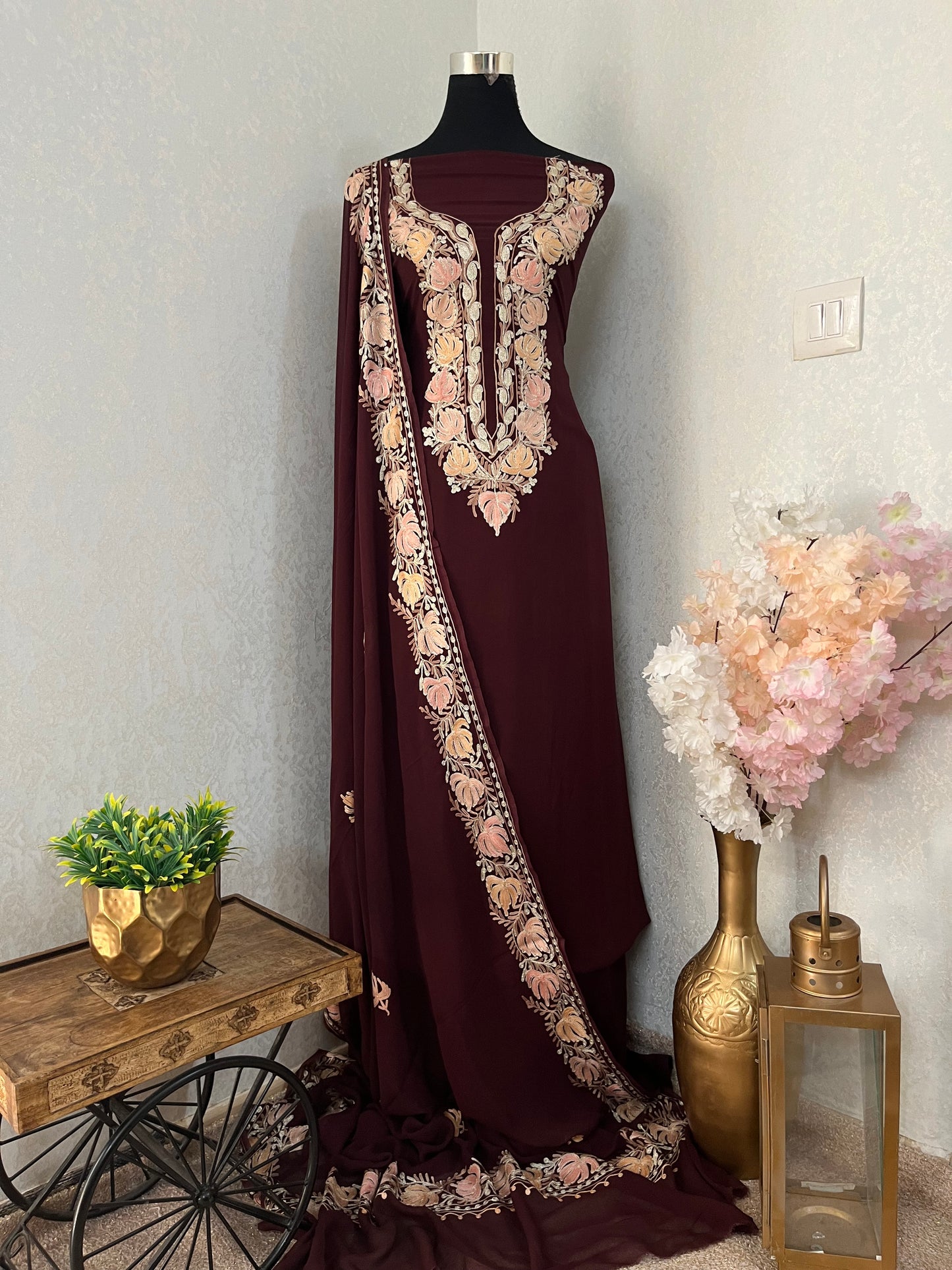 Brown Pure Georgette Kashmiri Suit