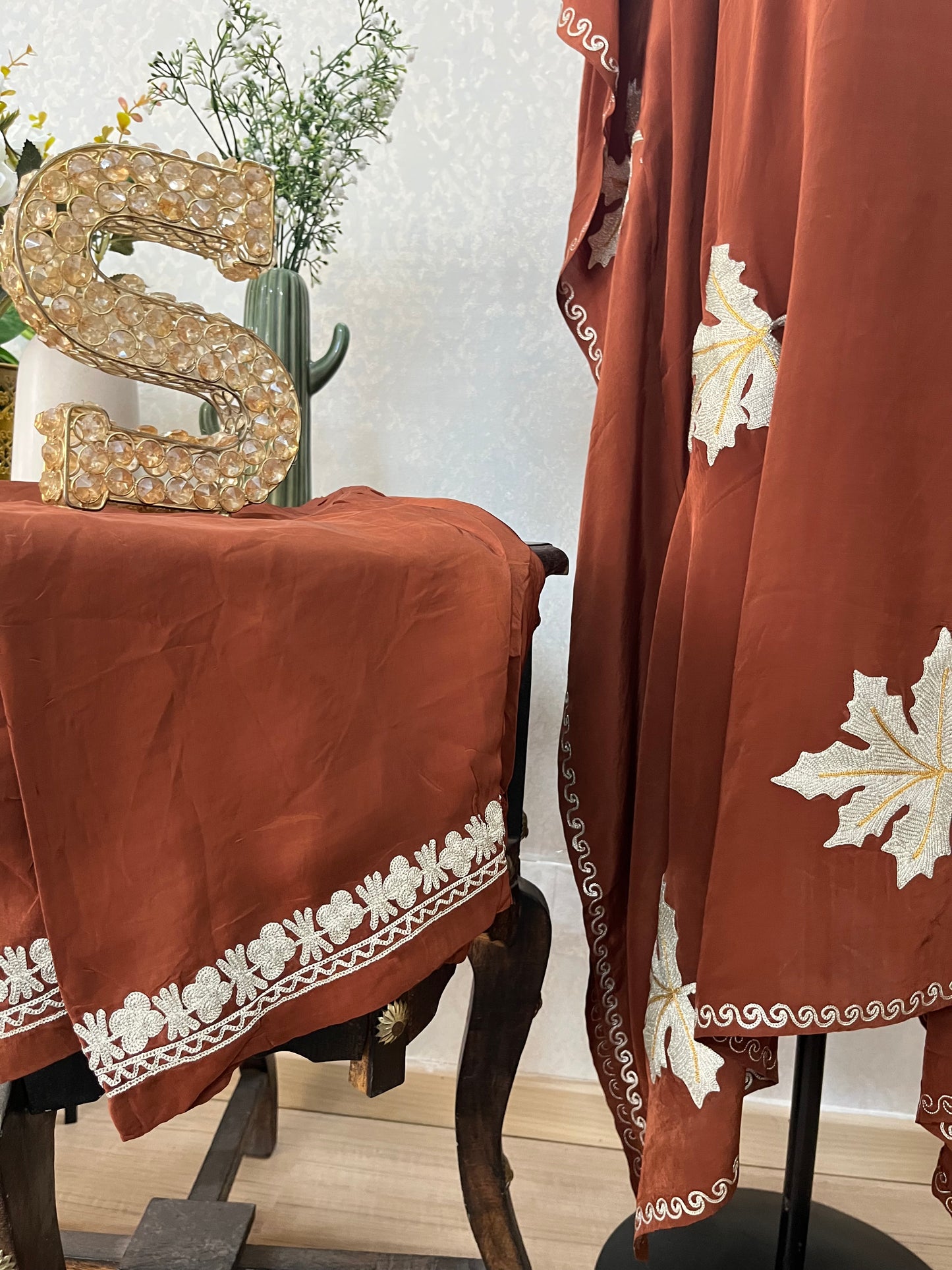 Brown Crape Kashmiri Kaftan Set