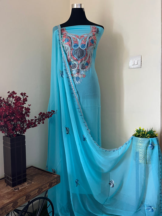 Sky Blue Georgette Shirt and Dupatta Aari Embroidered Suit