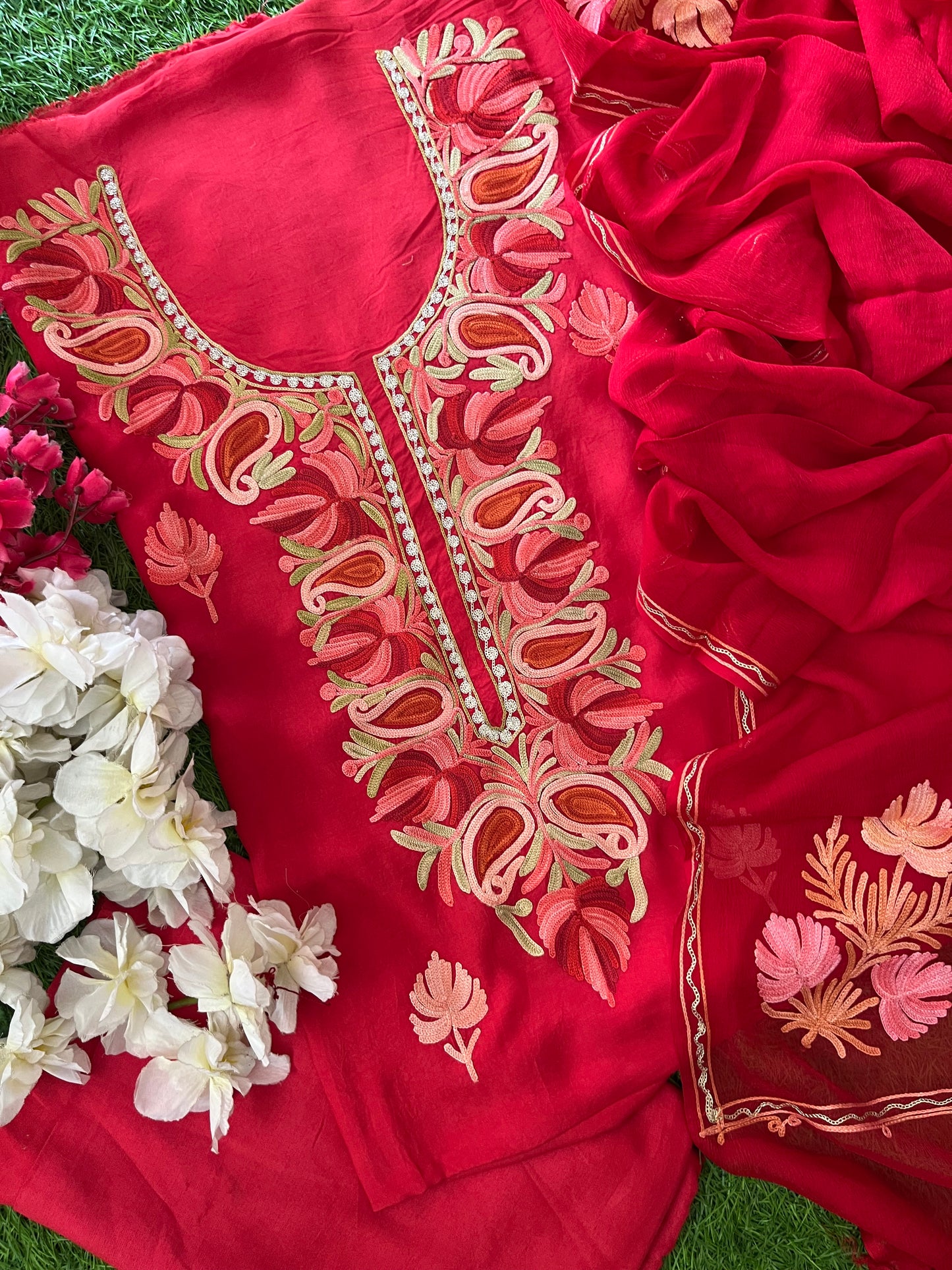 Red Opada Silk Aari Embroidered Suit material