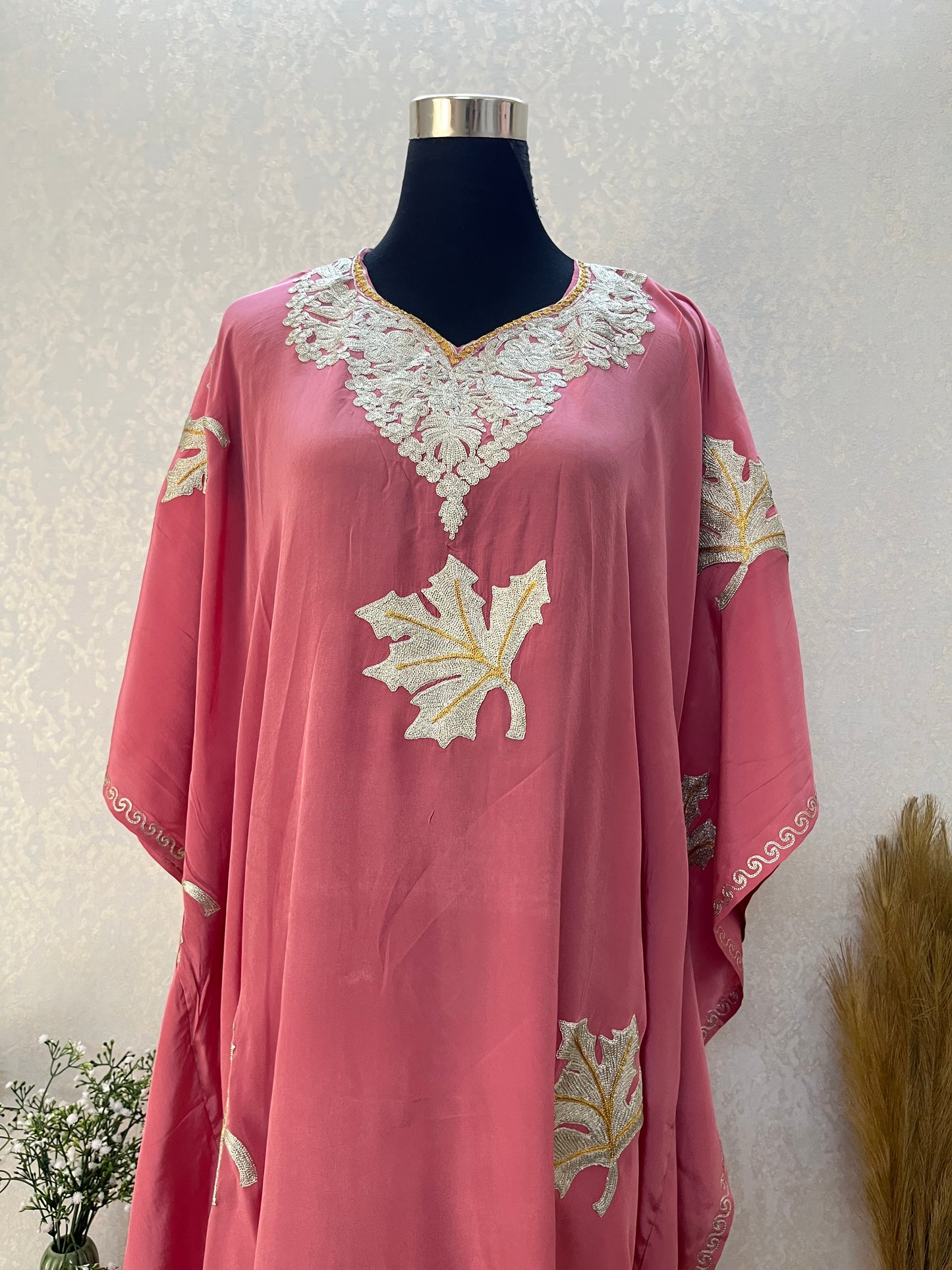 Onion Pink Crape Kashmiri Kaftan Set