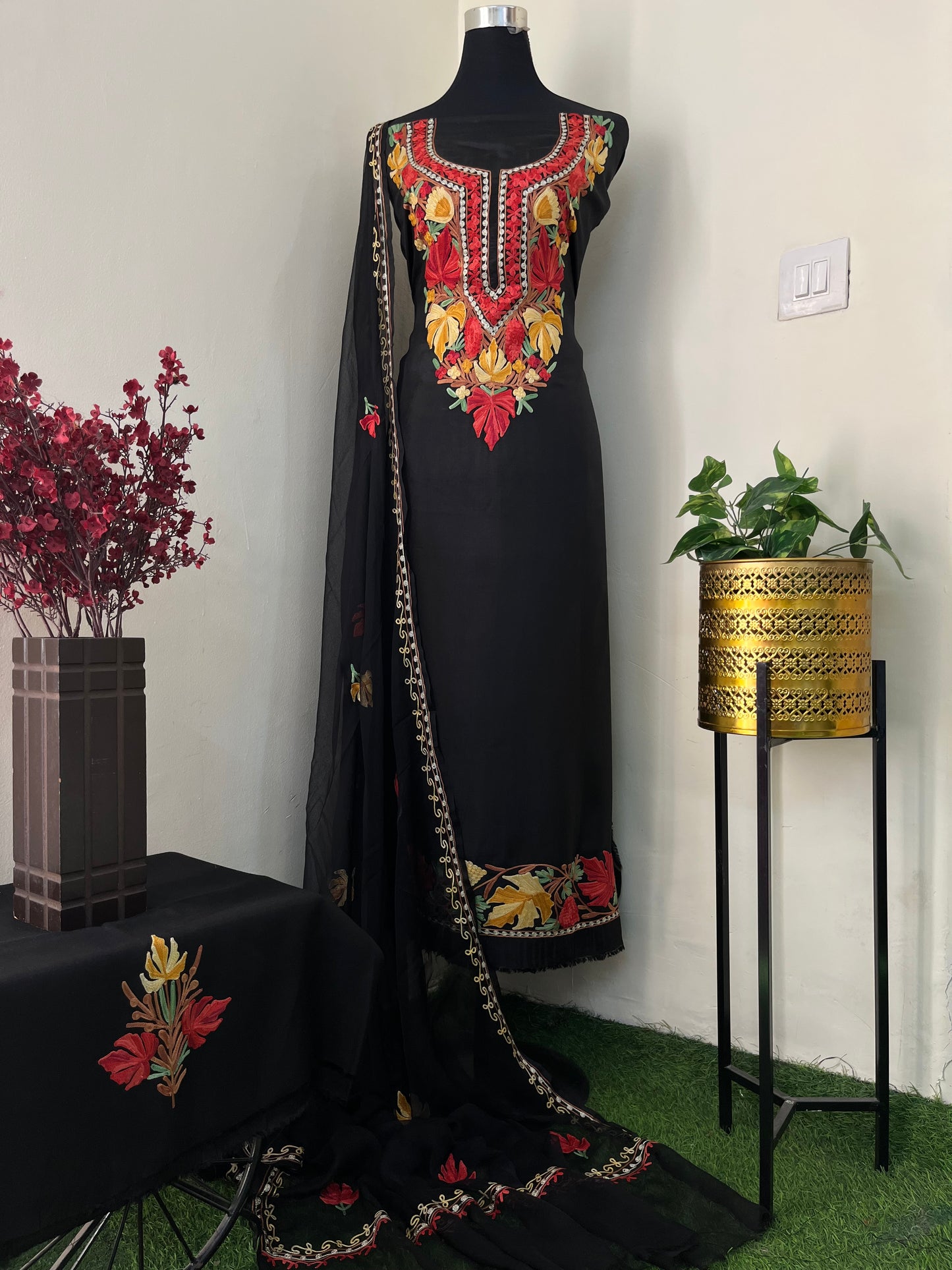 Black Opada Silk Aari Embroidered Suit material