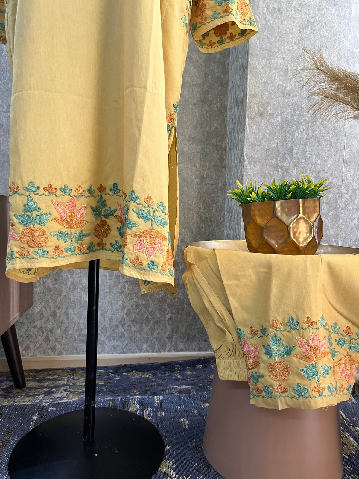 Golden Cotton Front Jaal Pheran Set  Size(44)
