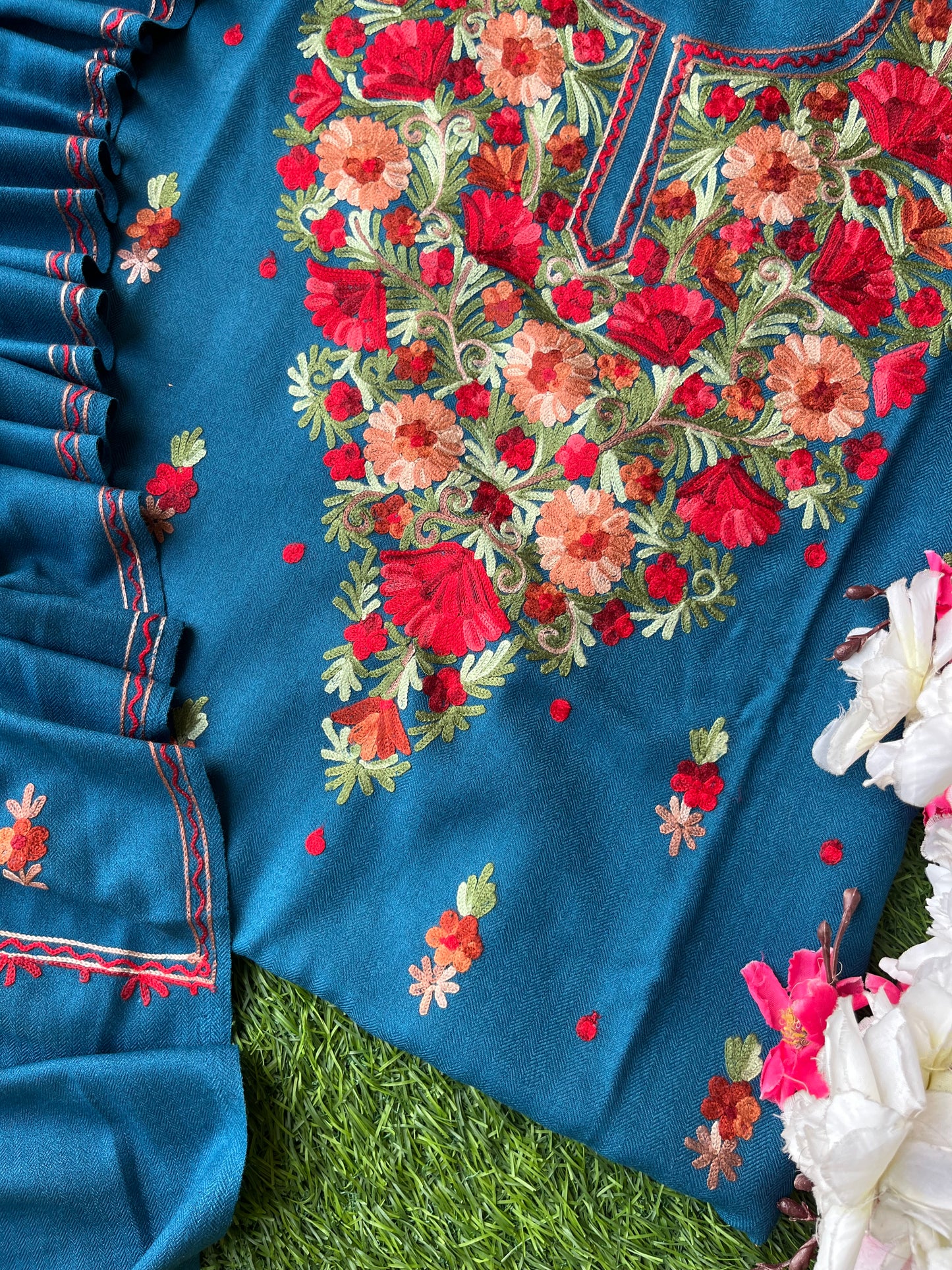 Peacock Blue Woollen Aari Embroidered 3pc suit