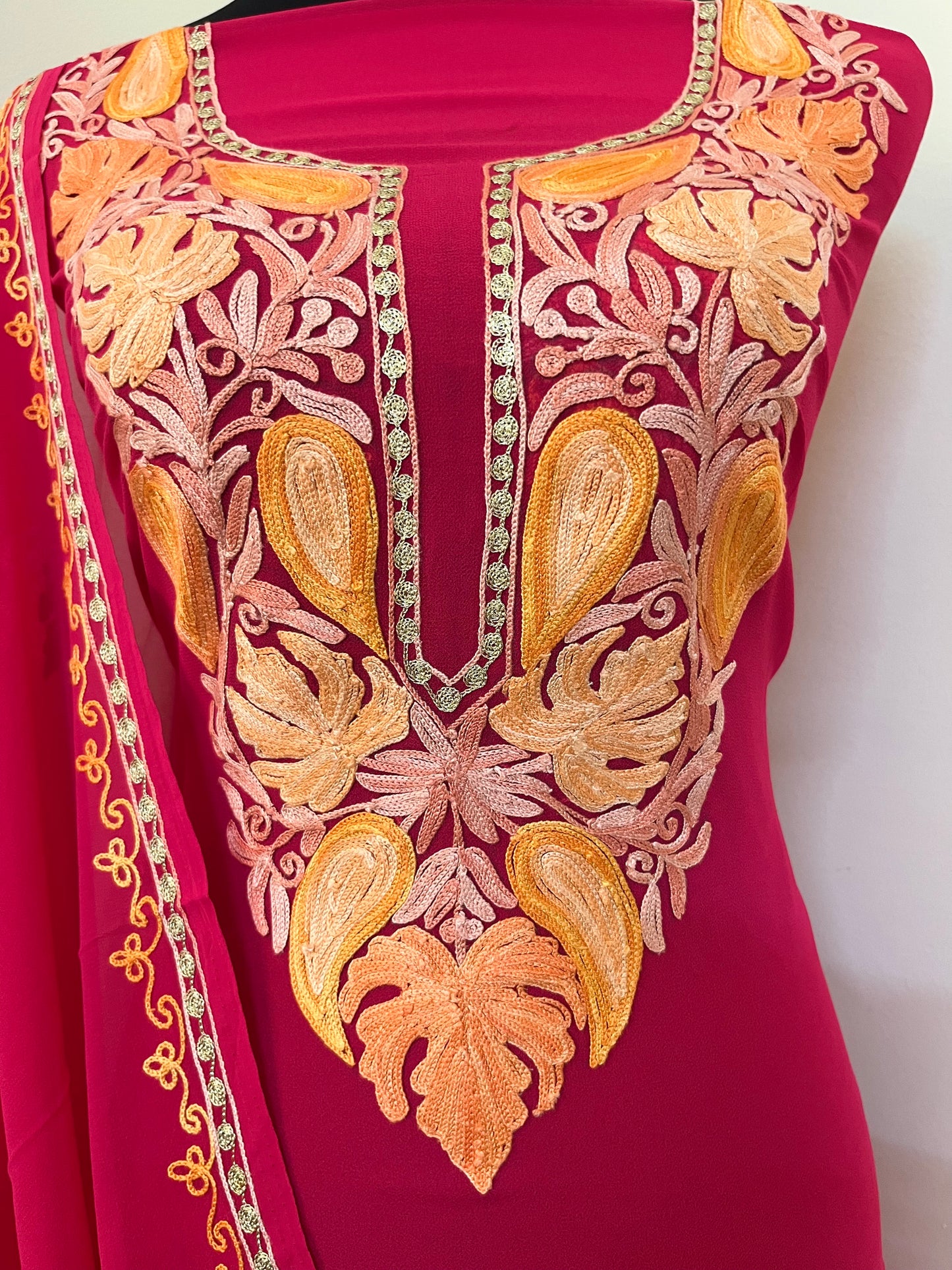 Hot Pink Georgette Shirt and Dupatta Aari Embroidered Suit