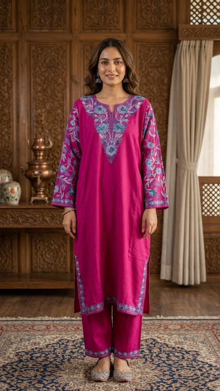 Hot Pink Cotton Arm Jaal Pheran Set