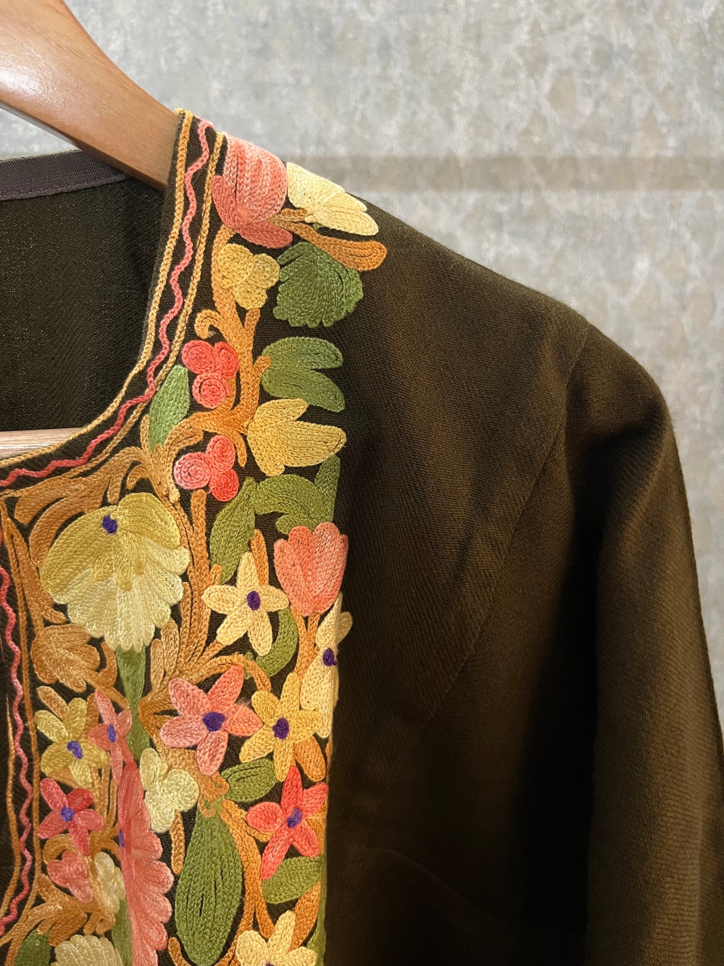 Army Green Aari Embroidered Wool Pheran