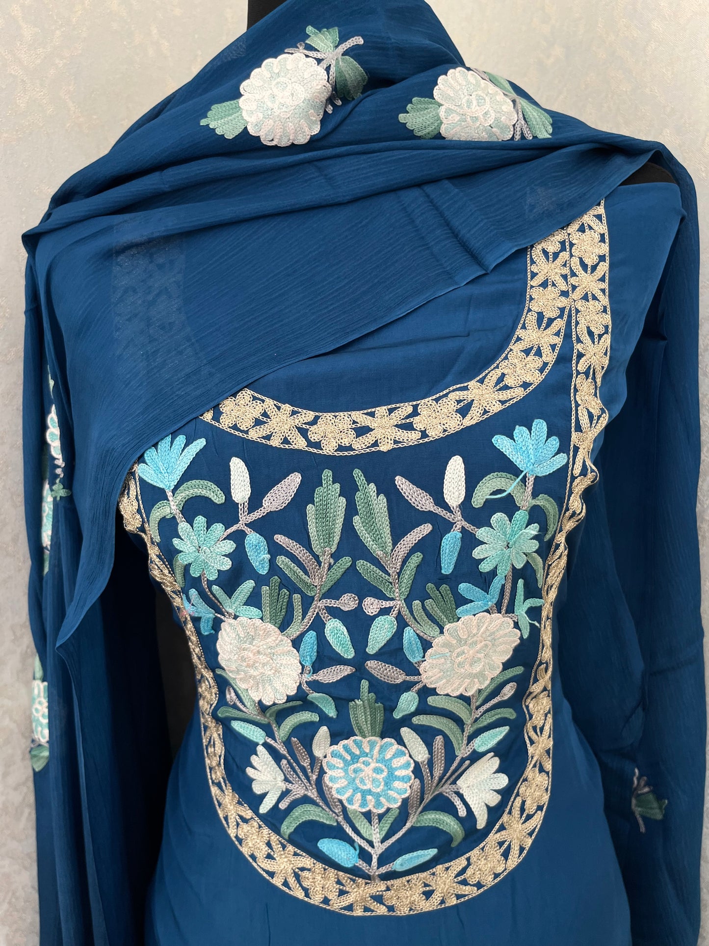 Cobalt Blue Kalaa’ Crape Kashmiri Suit