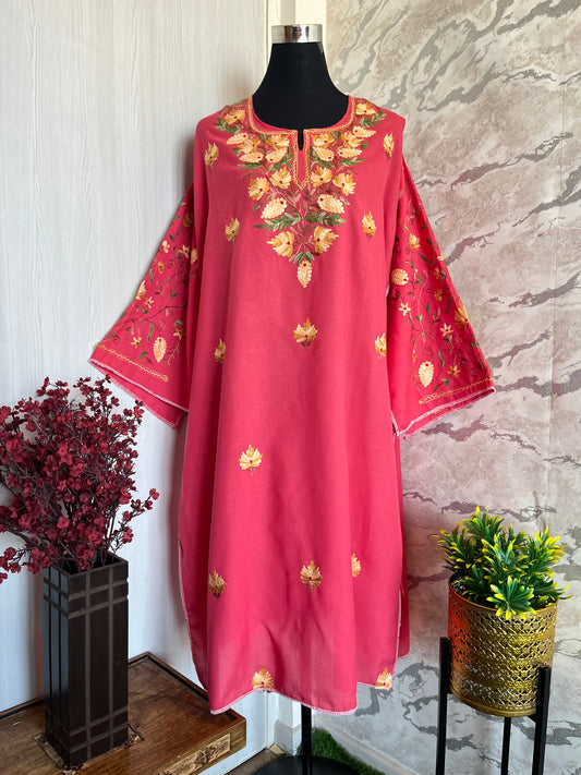 ‘Bageecha’ Pink Cotton Semi Stitched Cream Aari Work Kurti