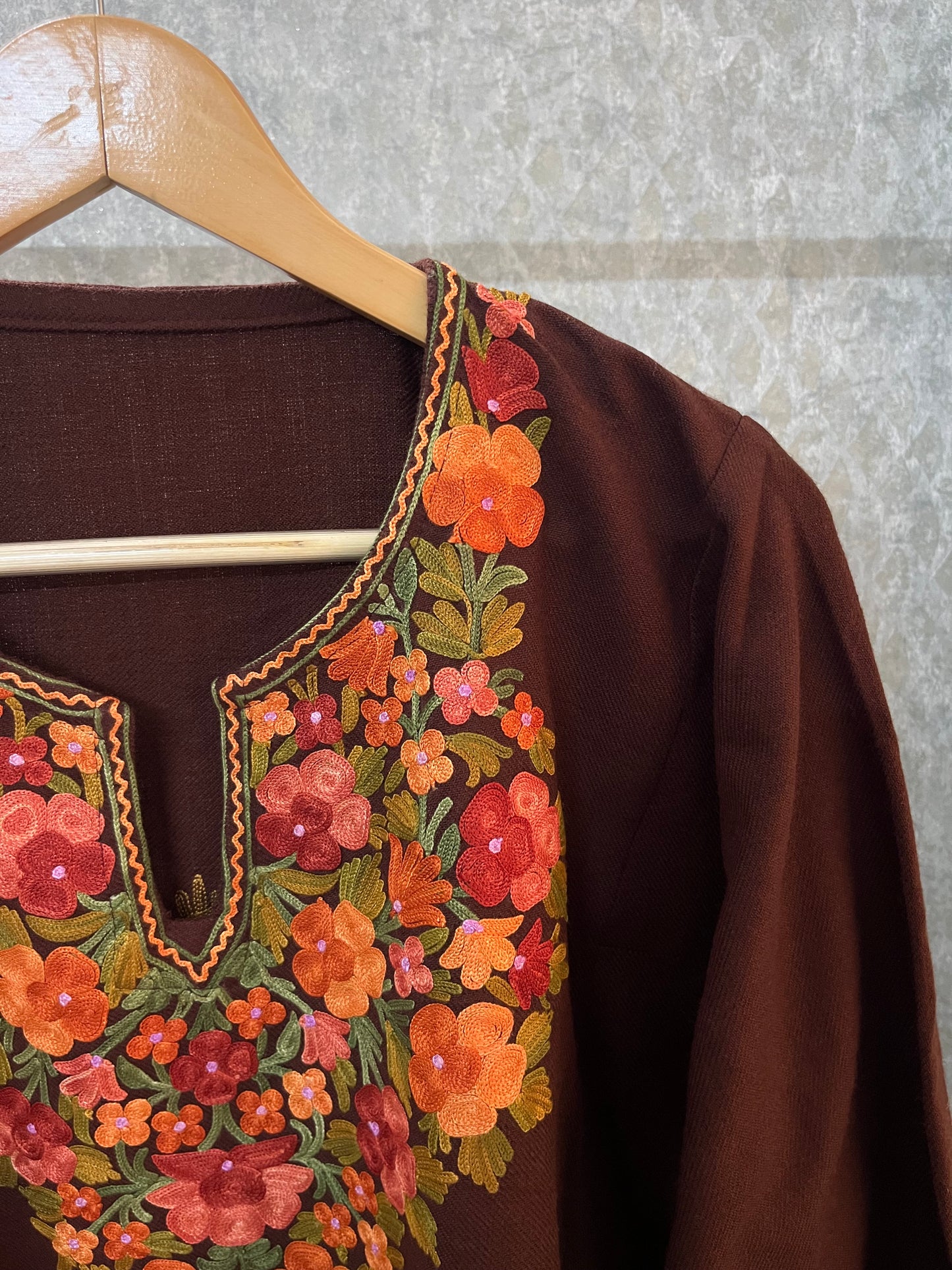 Brown Aari Embroidered Wool Pheran
