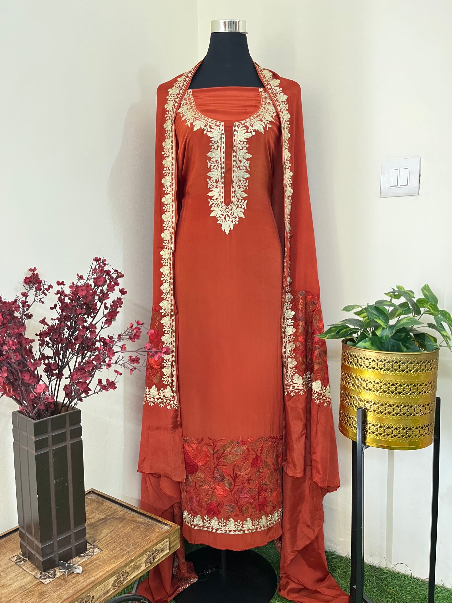 ‘Kalaa’ Rust Crape Kashmiri Suit