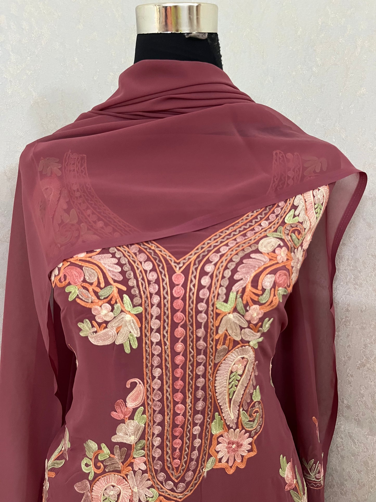 Onion Pink Georgette 3 Pc Kashmiri Suit