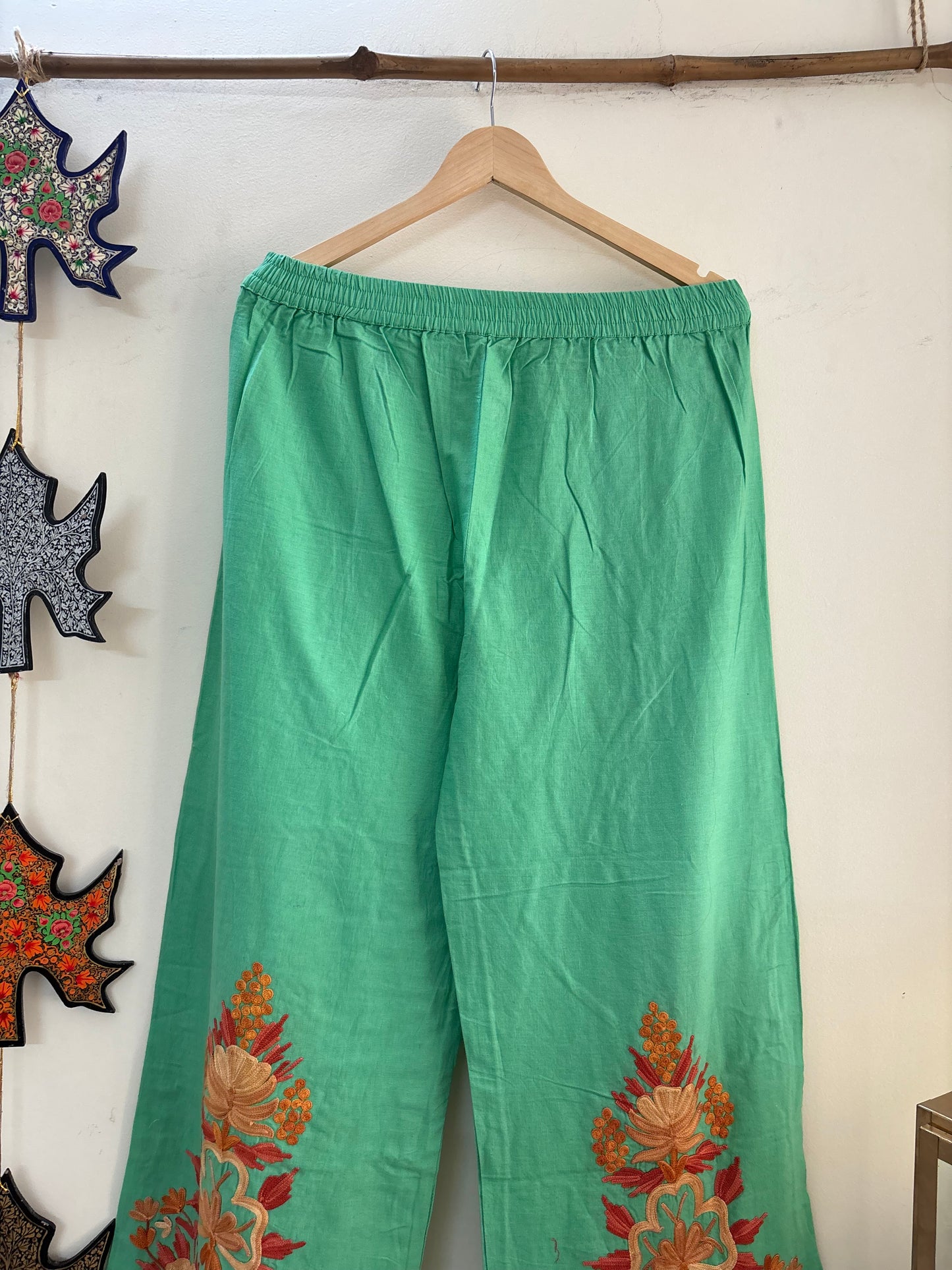 Women Green Solid Cropped Wide Leg Aari Embroidered Palazzos ‘L’