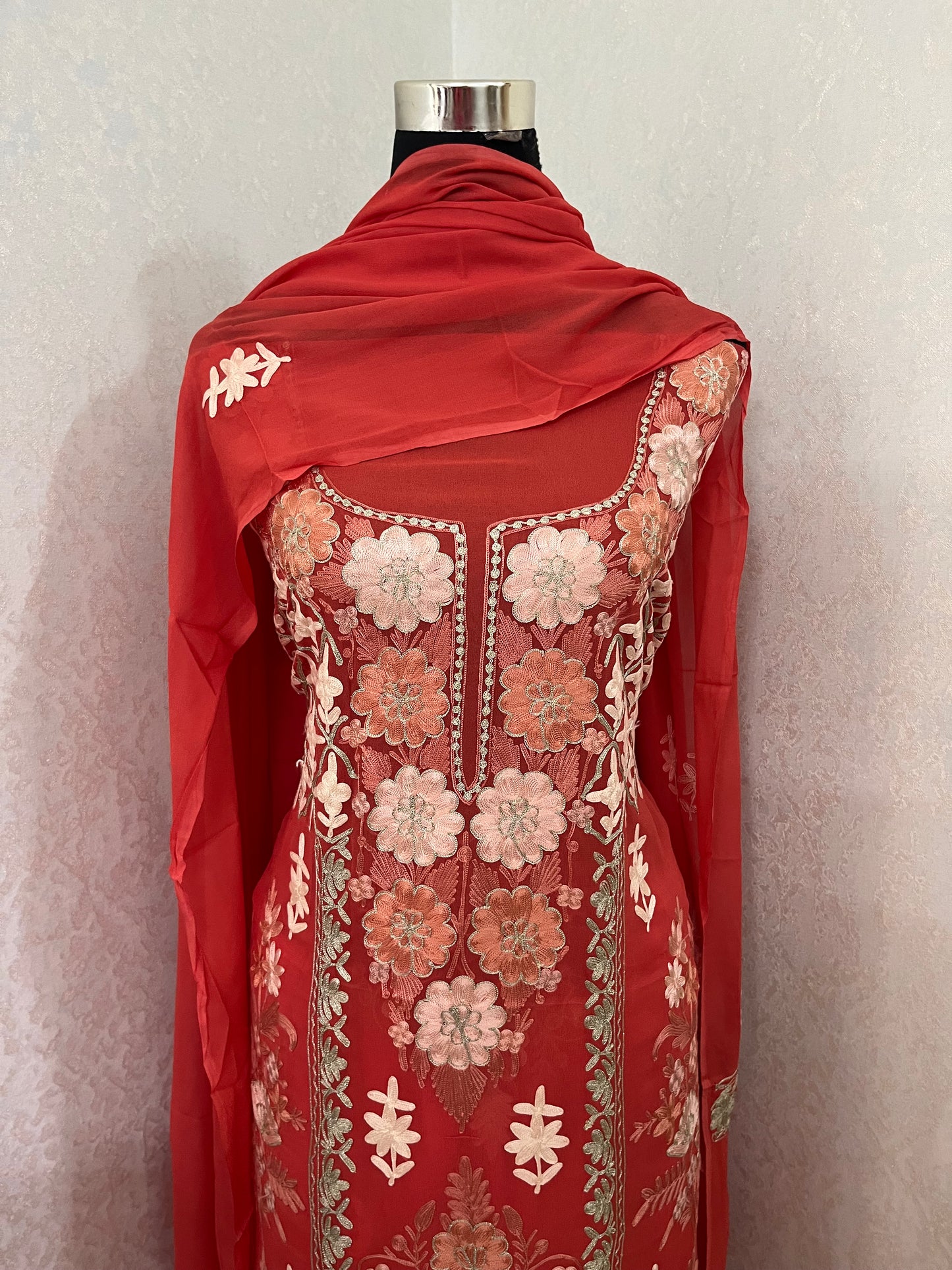Soft Peach Pure Georgette 3 Pc Heavy Kashmiri Suit