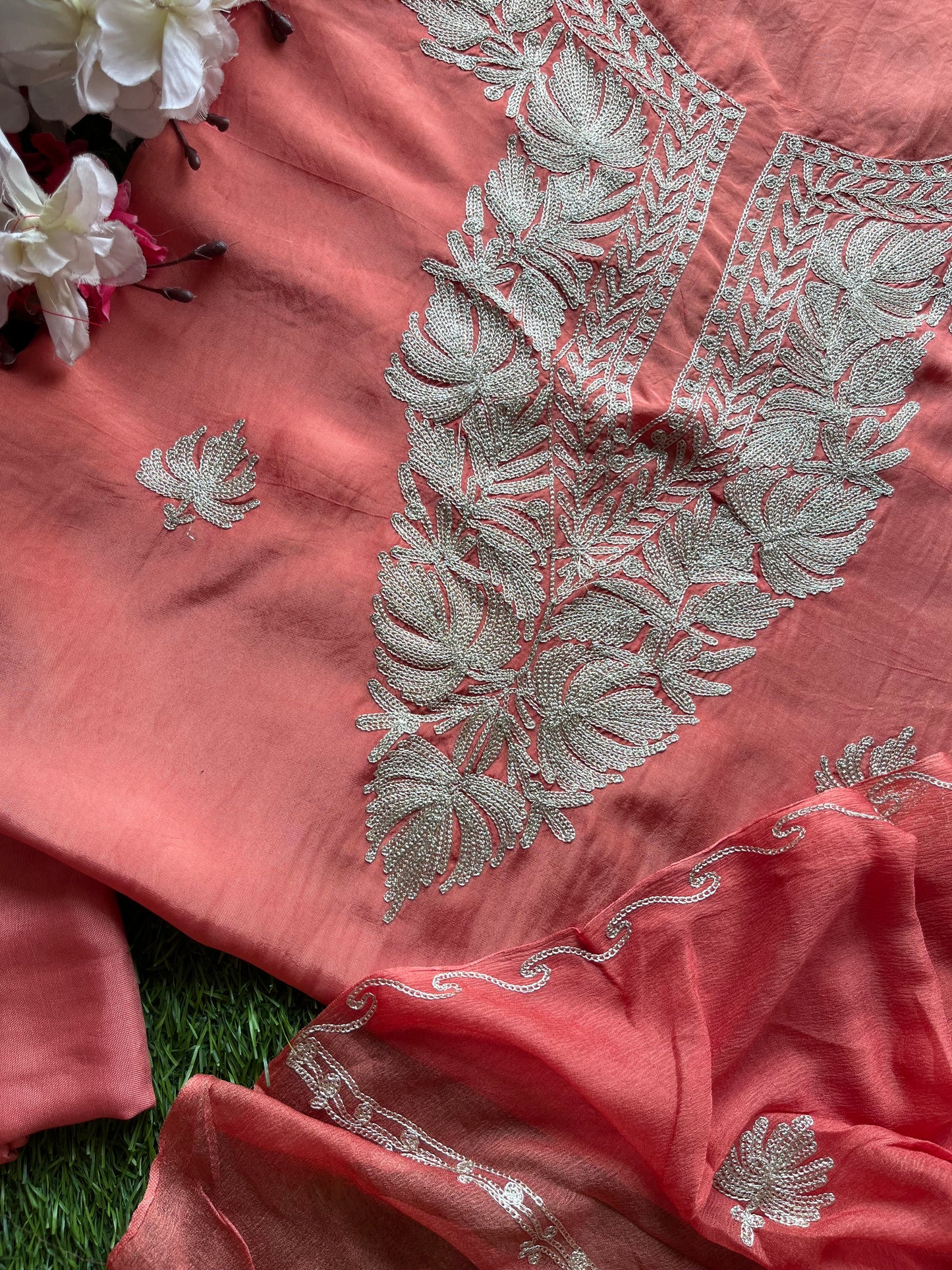 Peach Pink Silk Tilla Kashmiri Suit