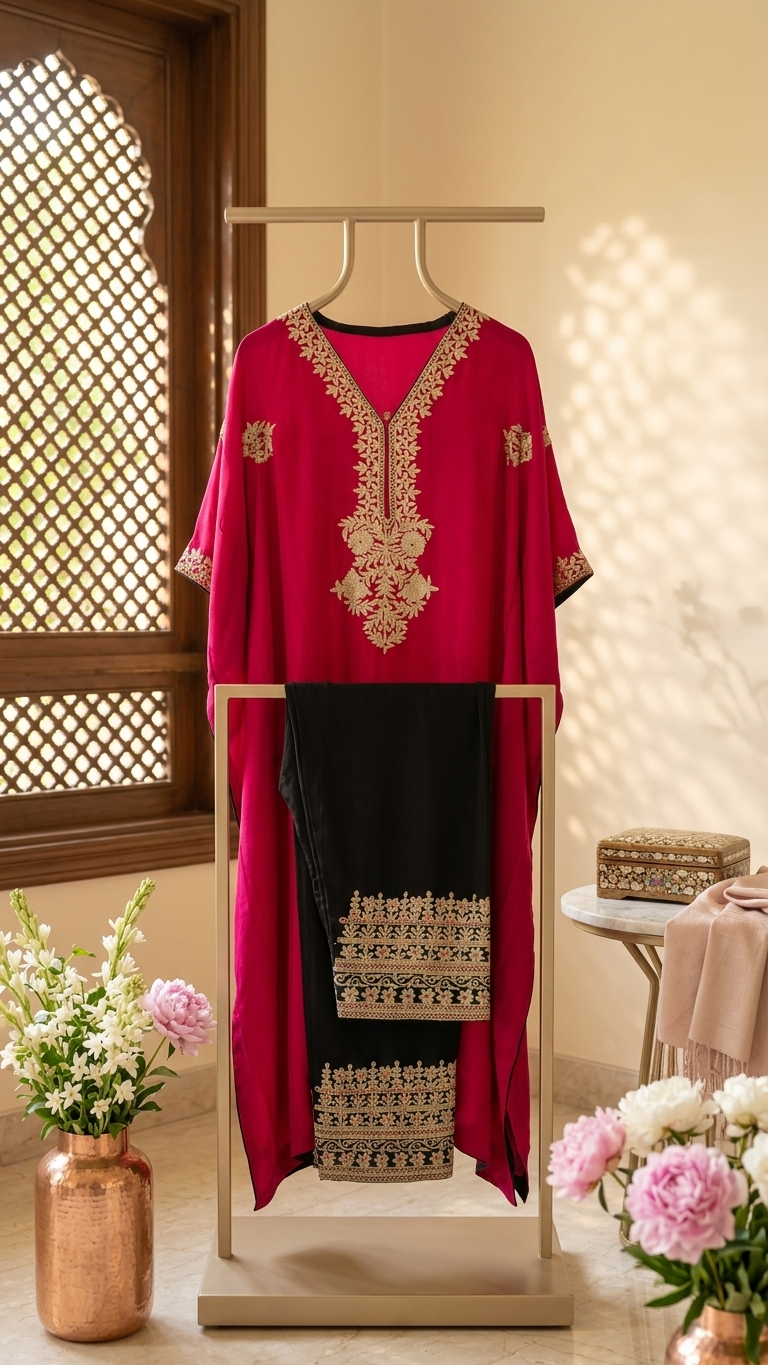 Hot Pink Crape Kashmiri Kaftan Set (44)