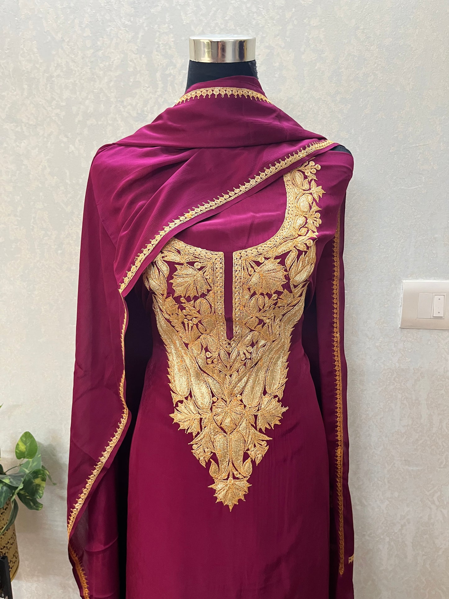 Wine Crape Puff Tilla Kashmiri Suit